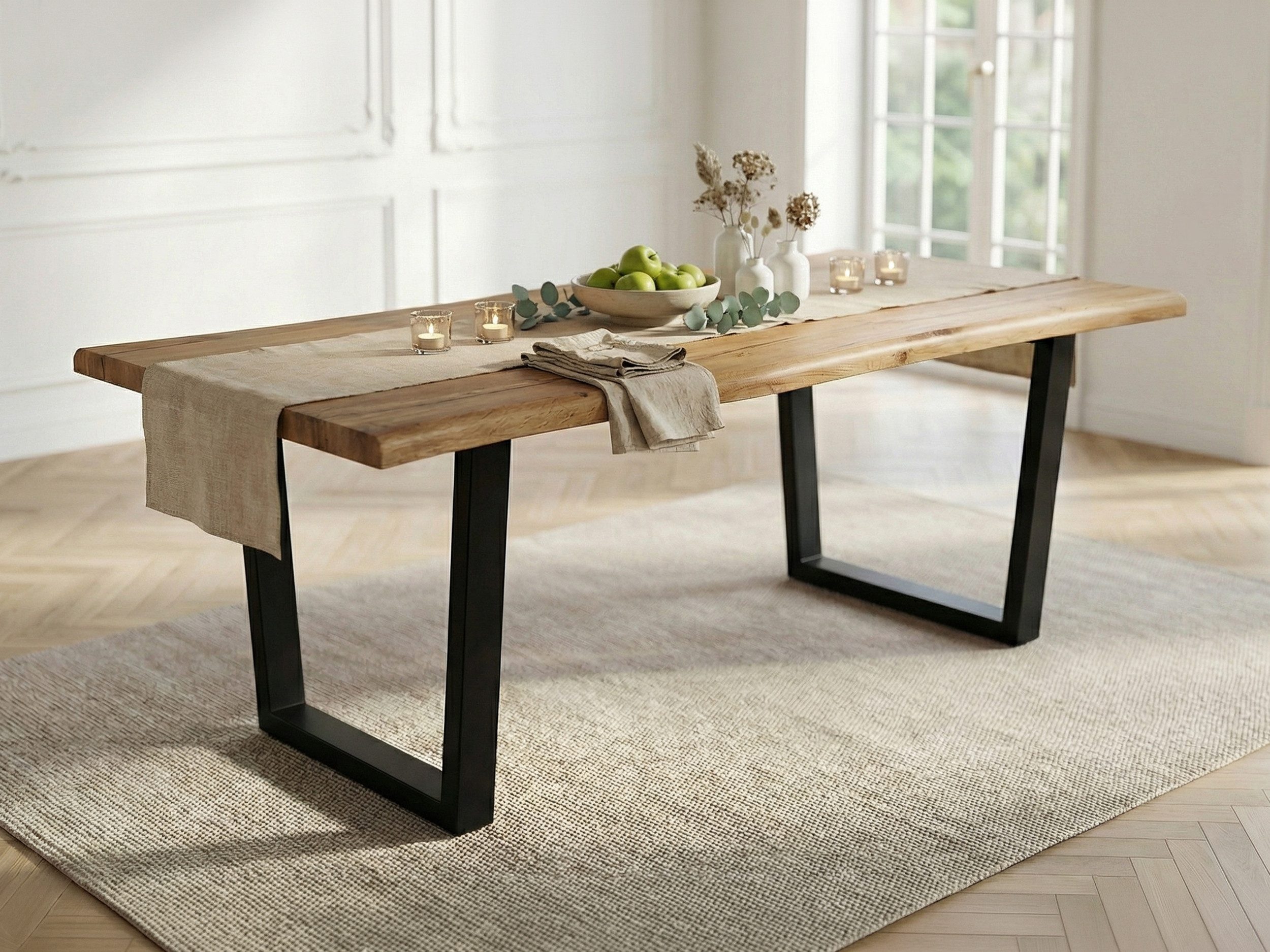 Die Möbelfundgrube® Baumkantentisch IRINA 180 - 220 cm ausziehbar / Baumkantenoptik / Wildeiche, 25 mm Tischplatte / U-Gestell schwarz Metall / Industrial
