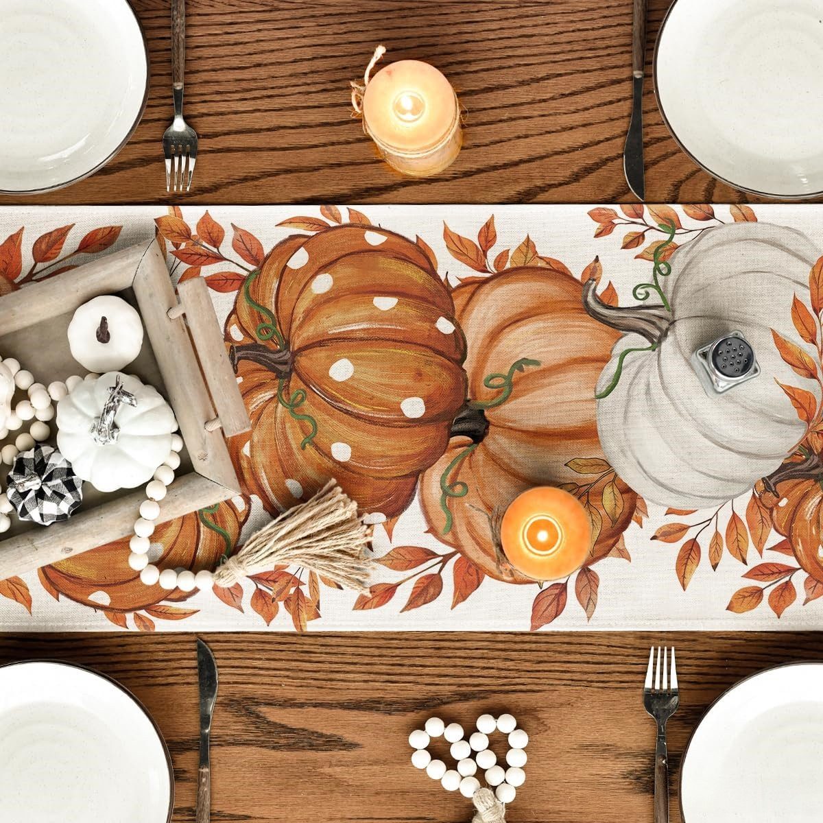 FOUORTUNATE-BEE Tischläufer Blätter Kürbisse Herbst Tischläufer 33x183 cm, Tischdekoration für Wohnzimmer, Esszimmer & Party – Bild 4 von 5