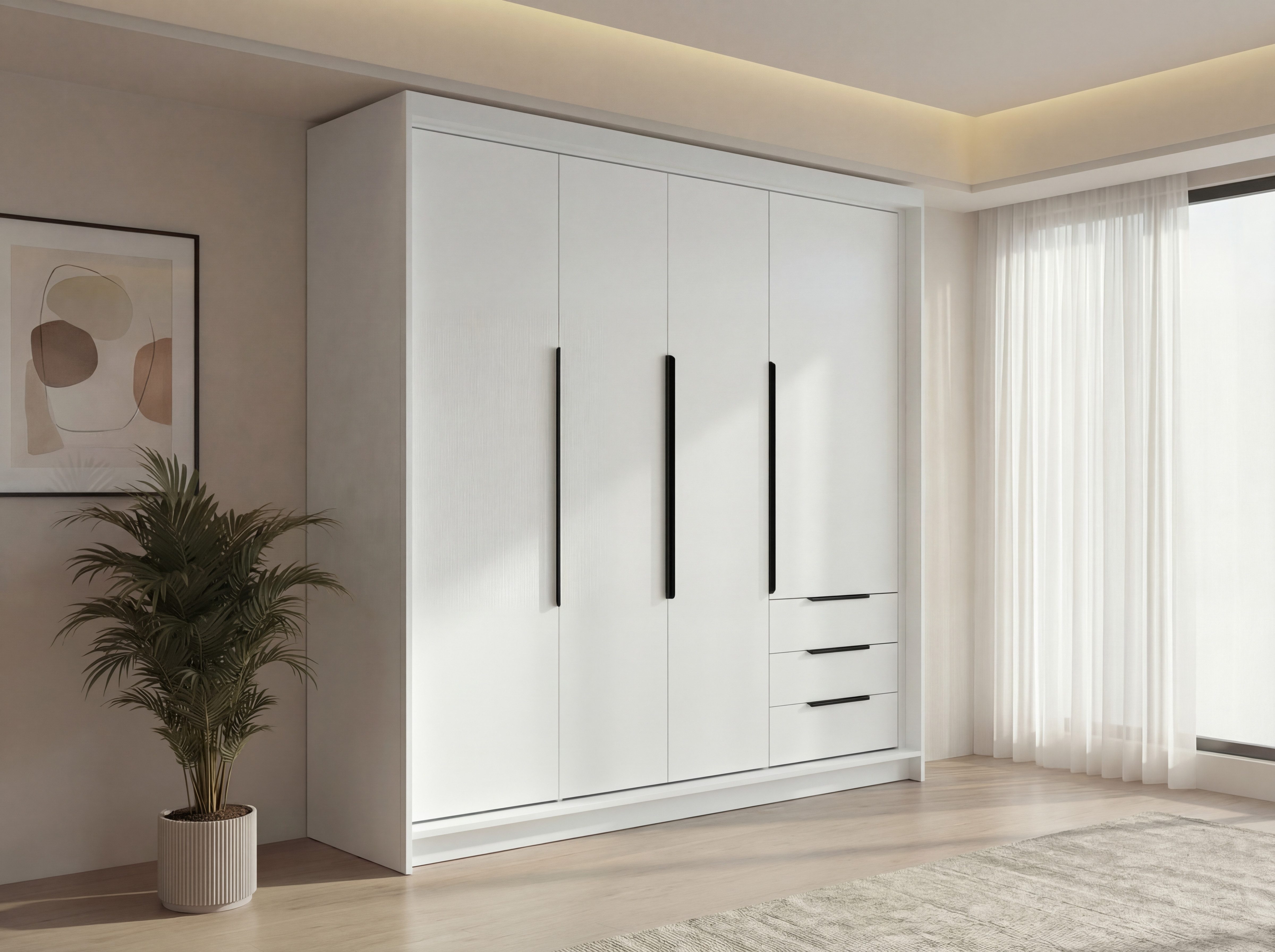 A&J MöbelLand GmbH Drehtürenschrank viertüriger Kleiderschrank mit Schubladen und Metallgriffen. (Geräumiger vier¬türiger Kleiderschrank mit Schubladen und Metallgriffen. Geräumiger Schrank mit einer Breite von 200 cm und Schubladen, ideal zur Aufbewahrung von Kleidung und Accessoires. Viel Stauraum. TOP PRODUKT! Wählen Sie das ideale Modell für Ihr Schlafzimmer!, TOP ANGEBOT) Breite: 200 cm, Höhe: 215 cm, Tiefe: 59,5 cm