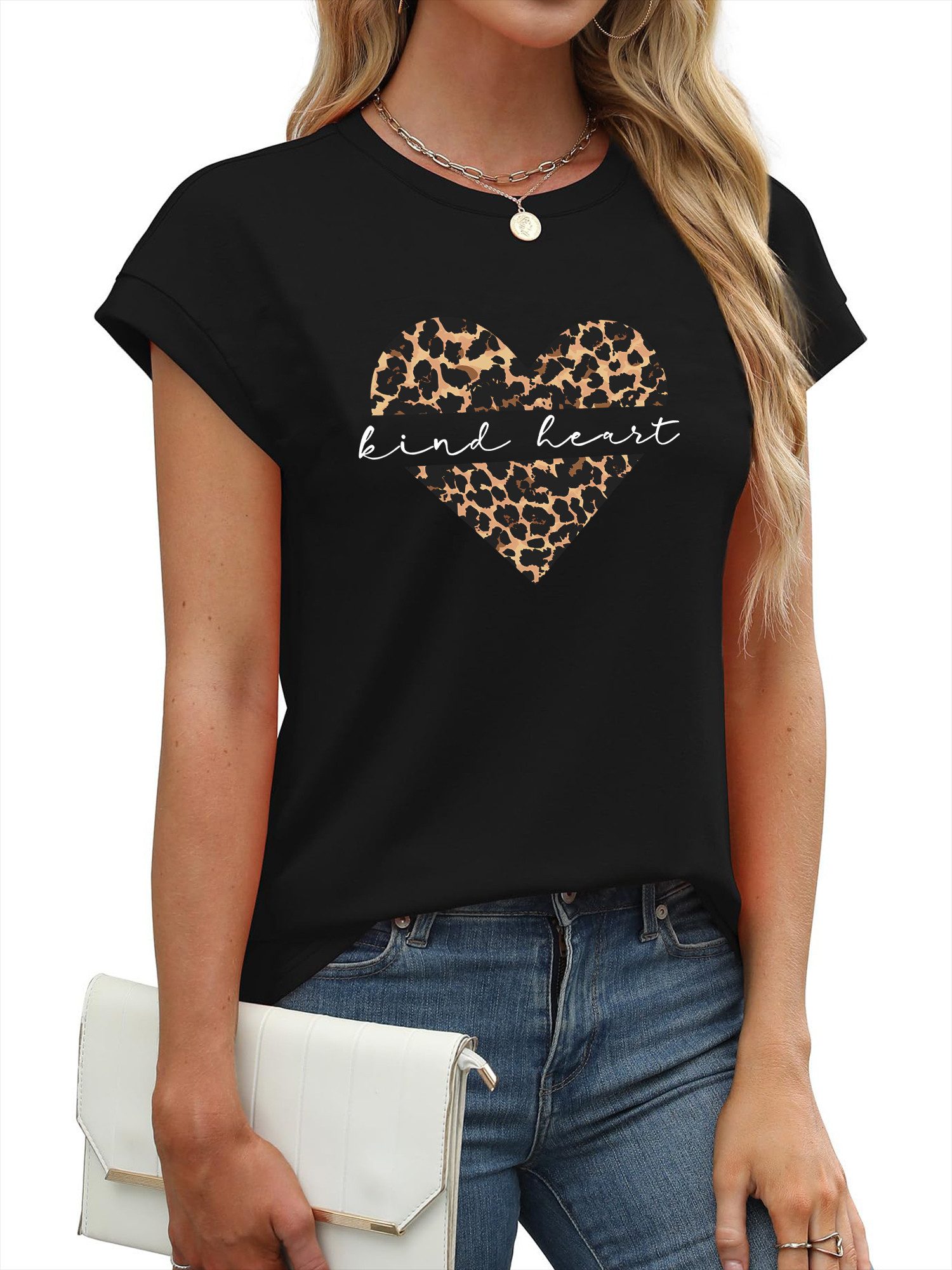 PYLIKE Kurzarmshirt Damen Sommer Elegant Carmenshirt mit Herz Leopardenmuster Modische Outfits Business Strand Urlaub Blusen Kleidung