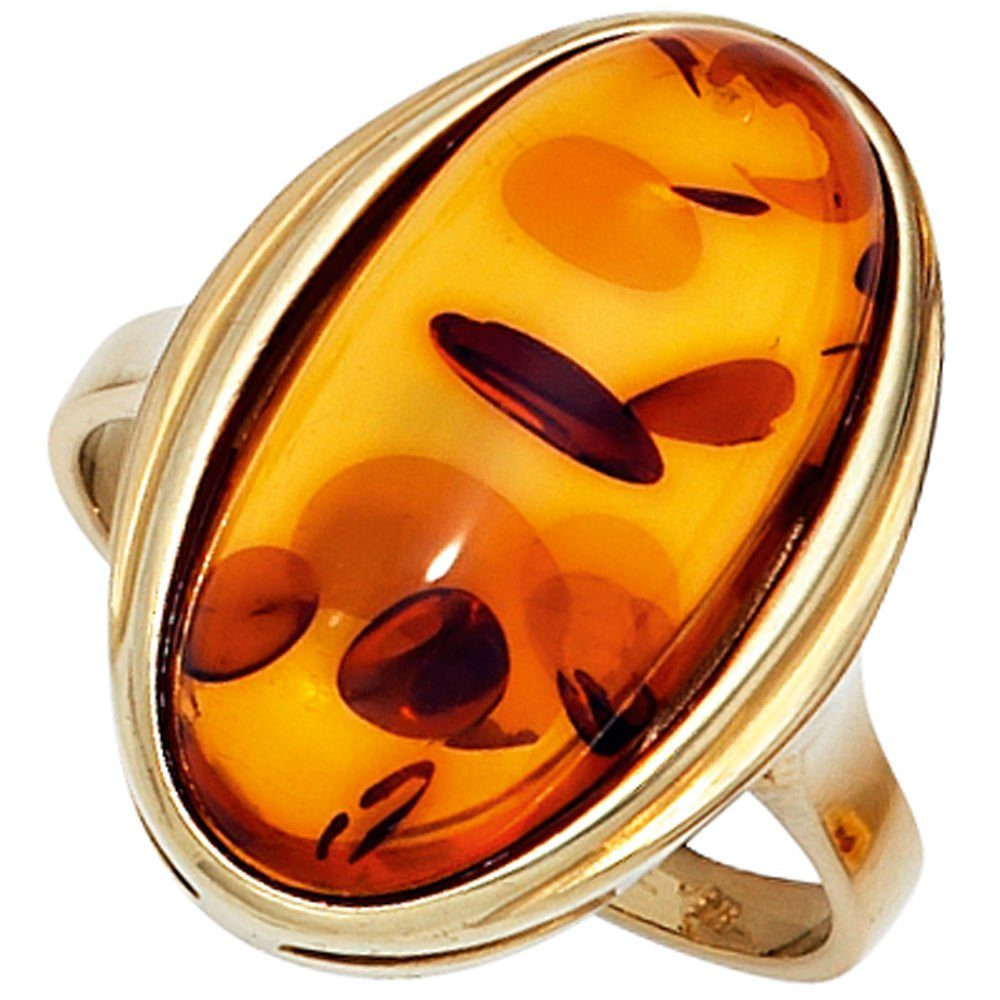 Schmuck Krone Goldring Ring mit Bernstein orange-braun 375 Gelbgold, Gold 375