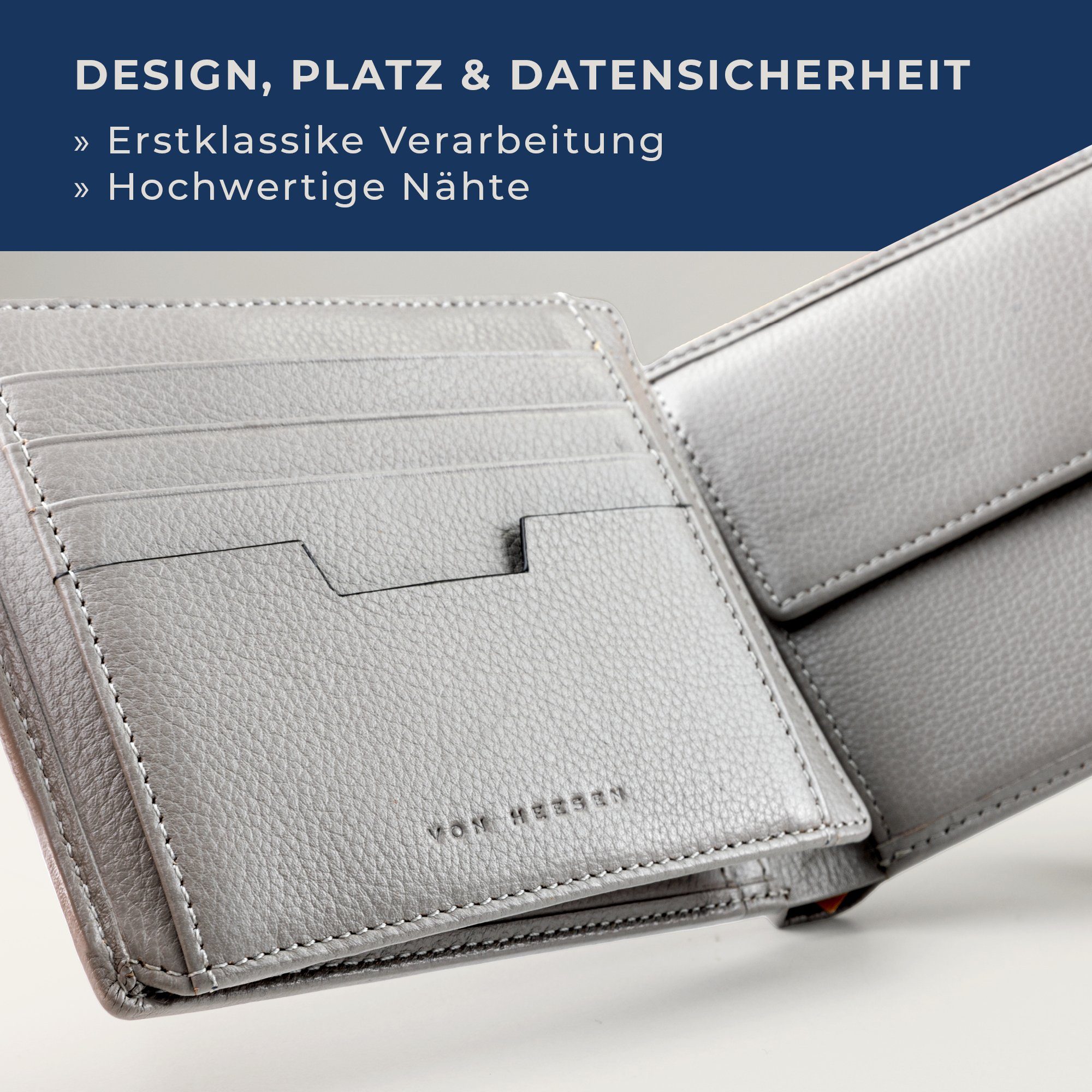 VON HEESEN Geldbörse & 13 Portemonnaie Kartenfächer, Geschenkbox mit Grau RFID-Schutz Geldbeutel inkl