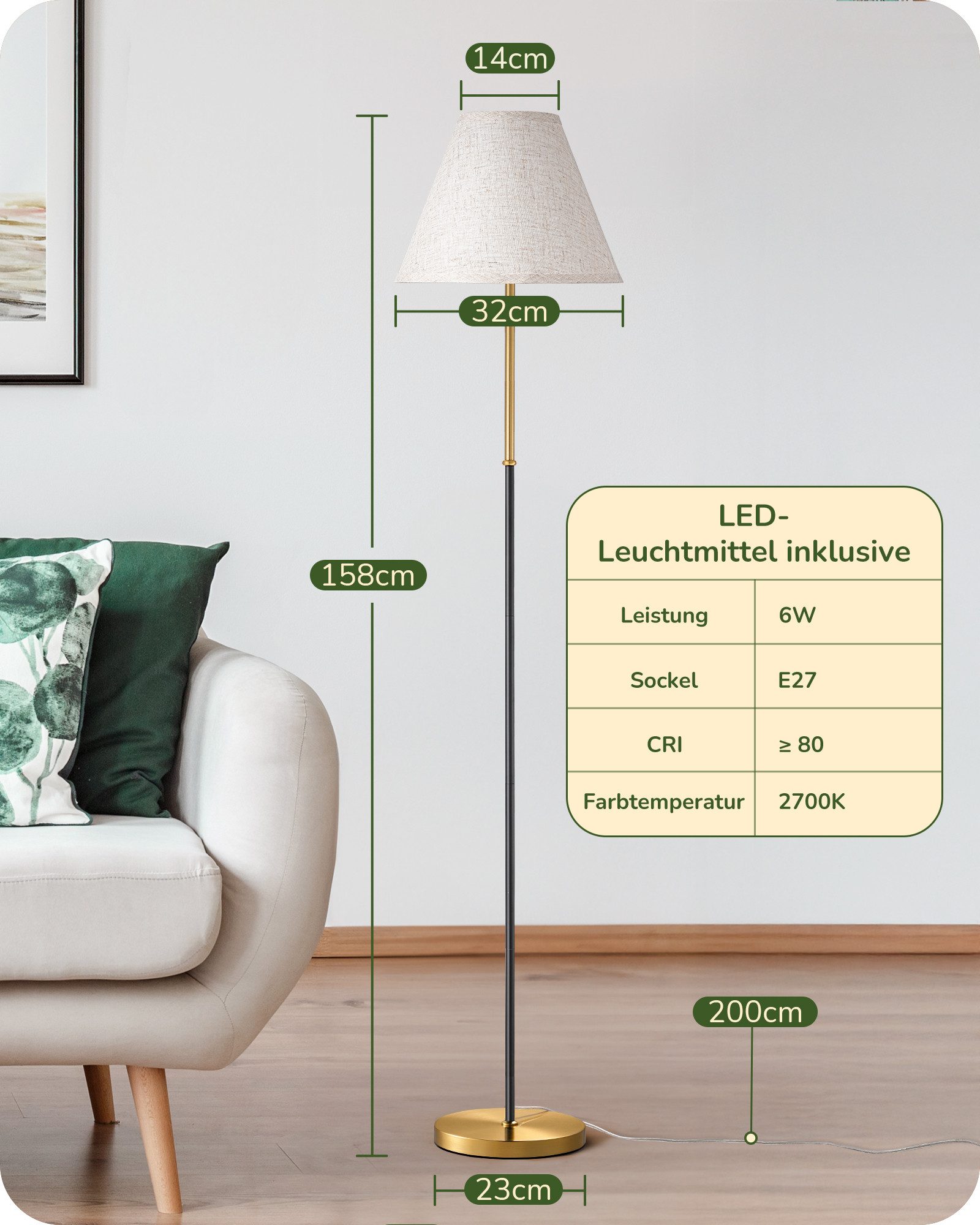 EDISHINE Stehlampe Wohnzimmer, LED wechselbar, warmweiß, Leselampe für Ecke, Stehlampe mit Leinenstoff-Schirm, 2700K