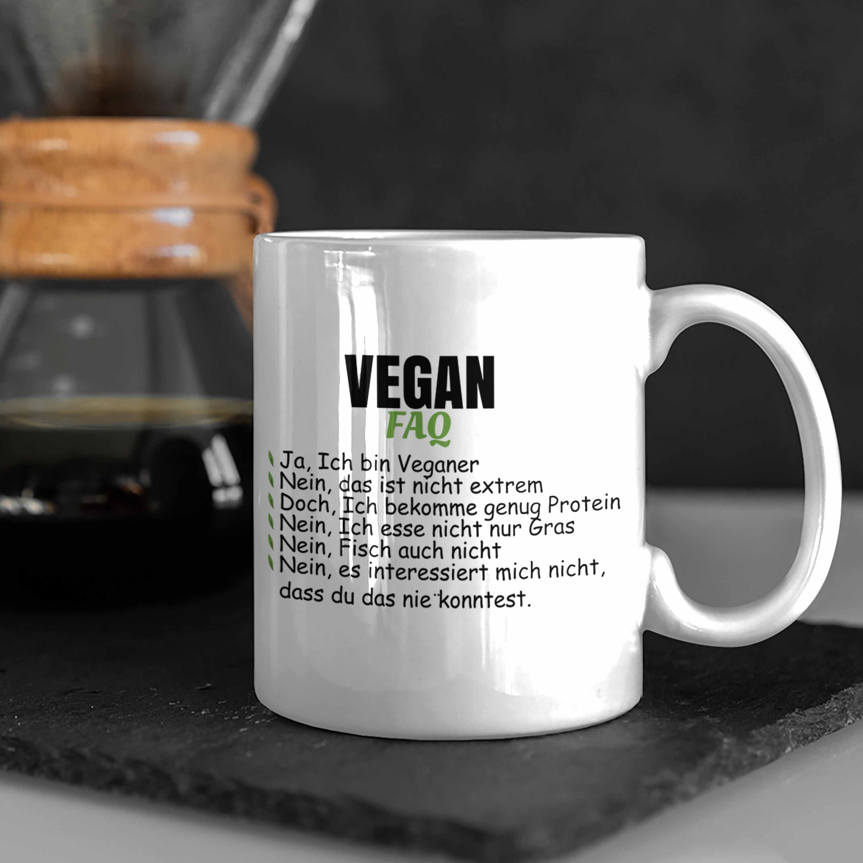 Lustiger Geschenkidee Trendation Lebensweise Geschenk Vegan Weiss Spruch Vegane Trendation - Tasse Tasse Veganer Spruch FAQ