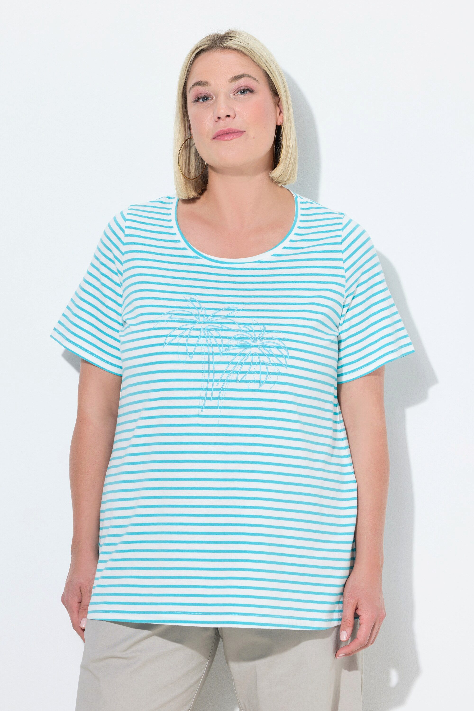 Ulla Popken T-Shirt T-Shirt Ringel Palmenstickerei Rundhals Halbarm