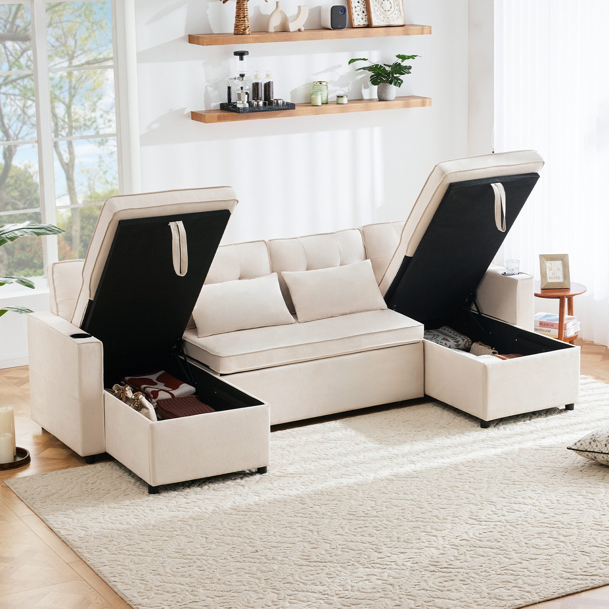 Merax Schlafsofa U-förmiges Sektionssofa aus Baumwoll- & Leinenstoff, 1 Teile, Sectional Couch Sofa mit Getränkehalter & Stauräumen, für Wohnzimmer