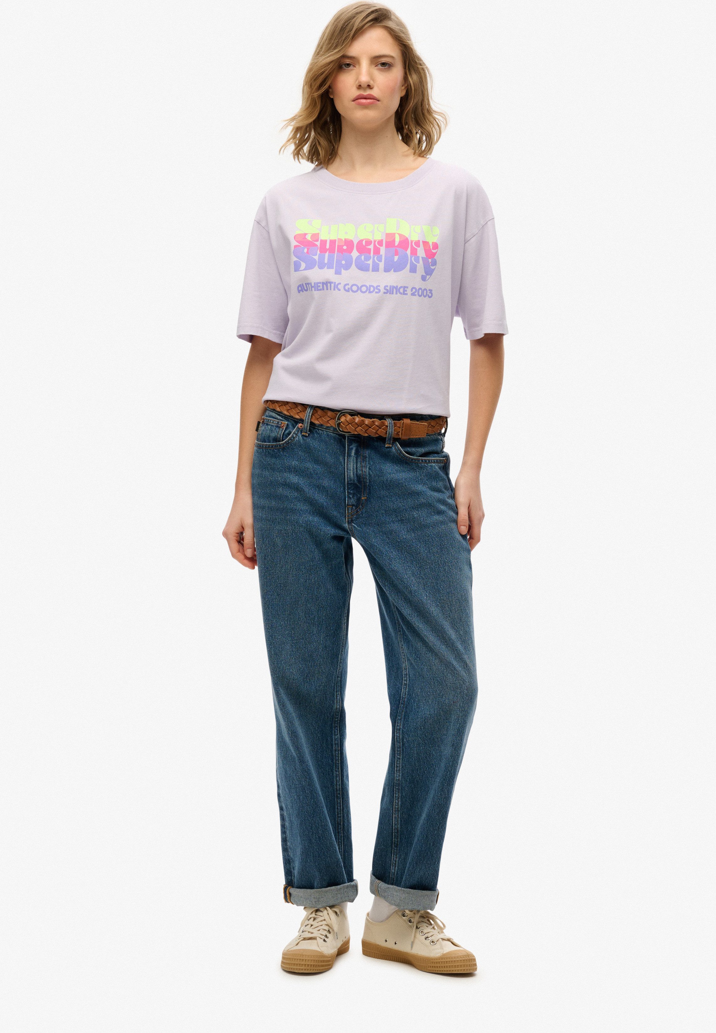 Superdry Rundhalsshirt SU-NEON RAINBOW OVERSIZED TEE Oversize-Passform, aus Baumwolle, bedruckte Optik, mit kurzem Ärmel