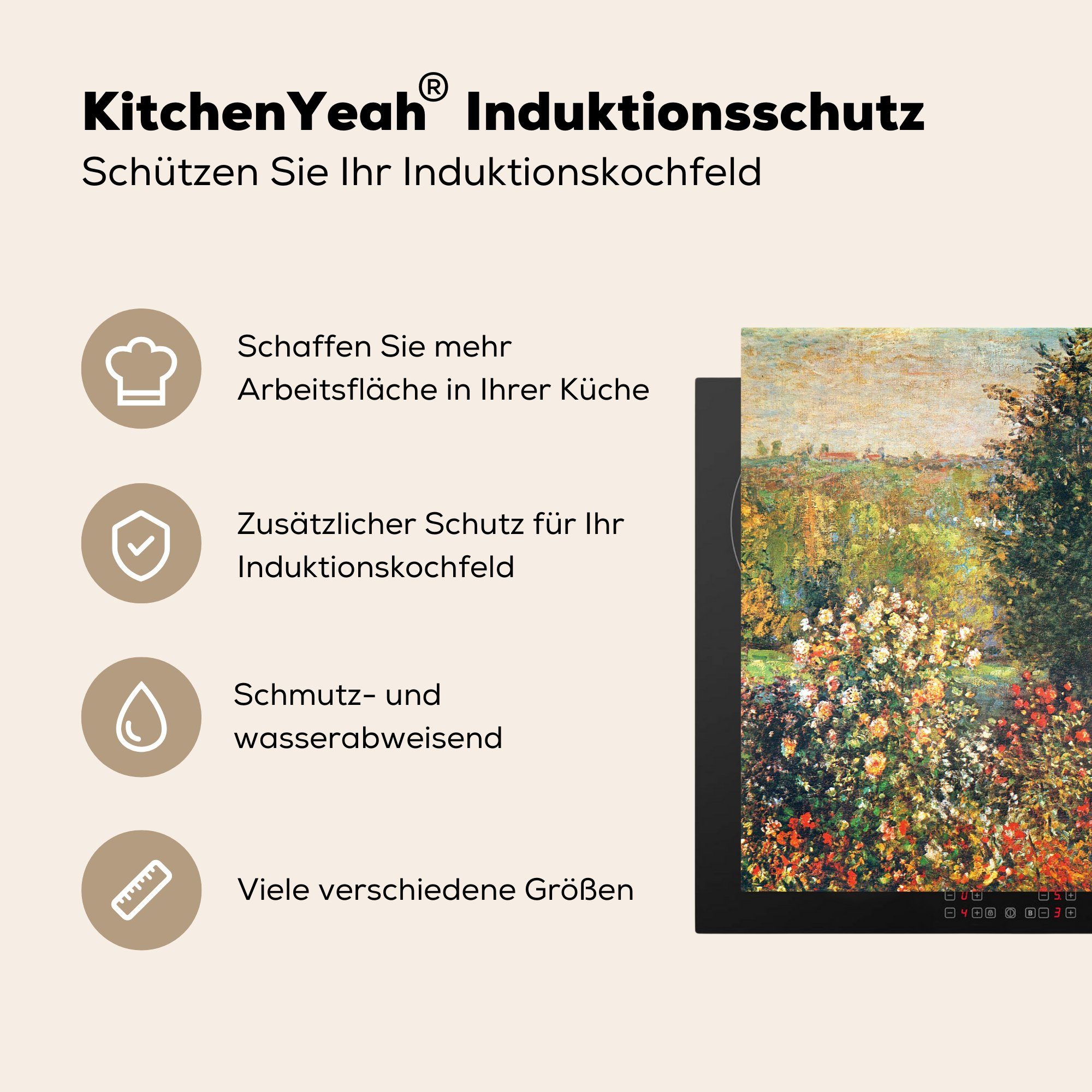 in Vinyl, küche Claude der Ceranfeldabdeckung, tlg), Rosen (1 - Arbeitsplatte für Herdblende-/Abdeckplatte Monet, Montregon Garten 78x78 cm, im MuchoWow Hoshede