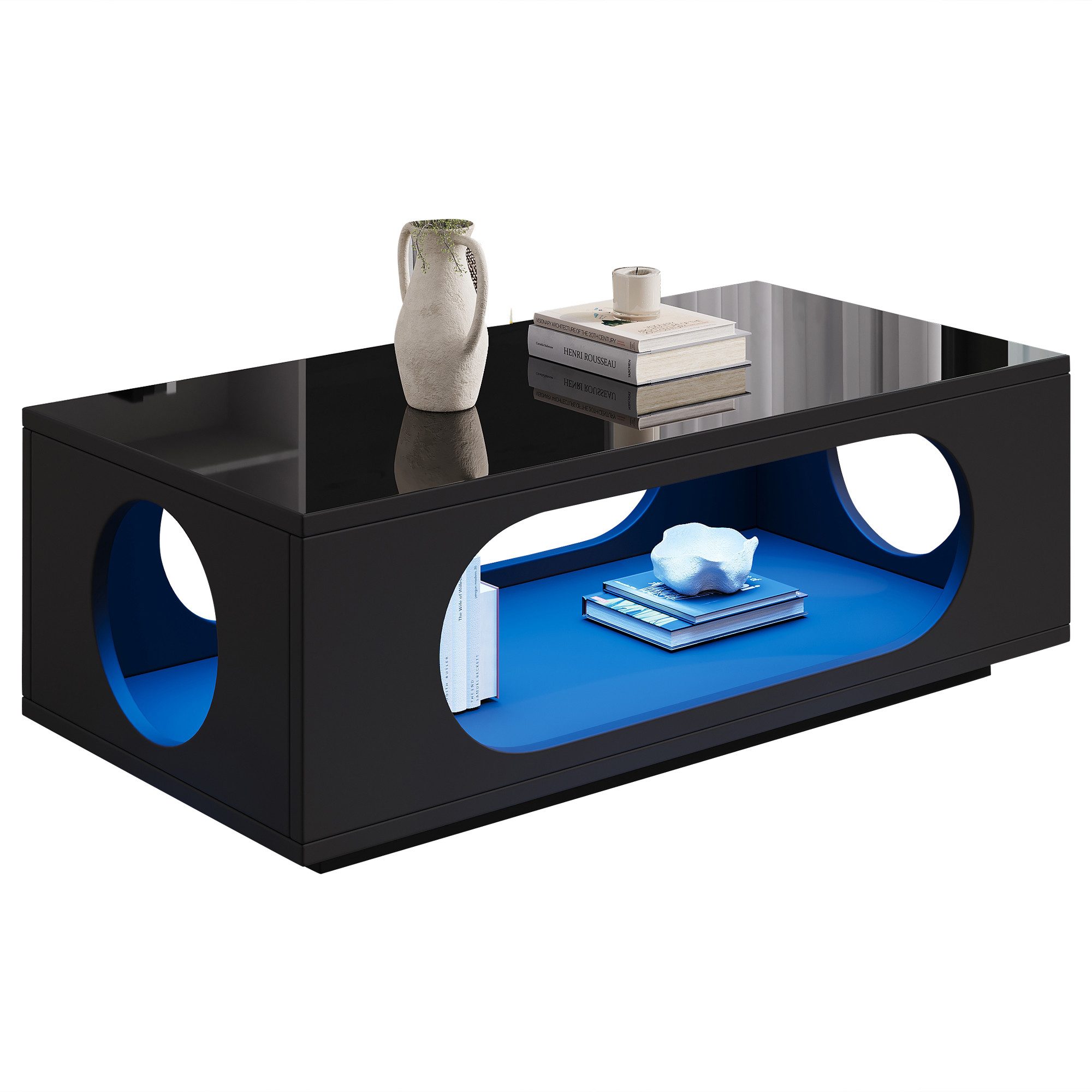 Merax Couchtisch hochglanz Sofatisch Beistelltisch mit LED-Beleuchtung & APP Steuerung (1-St), Wohnzimmertisch mit Stauraum und Kabelmanagement, 100x50x35cm