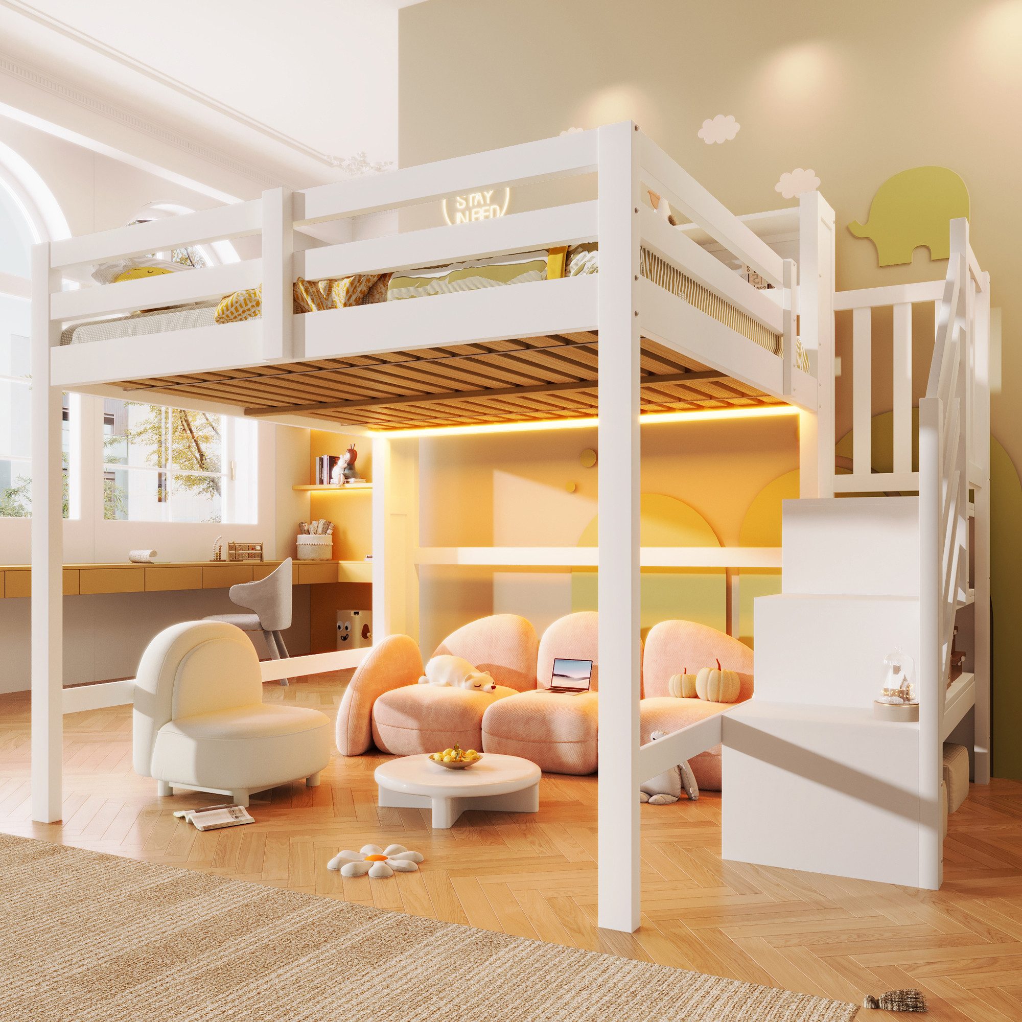 Merax Hochbett mit LED-Beleuchtung (1-St., Massivholz Jugendbett Einzelbett) Kinderbett 140x200cm mit Stauraumtreppe, Lagerregalen & Staufächern