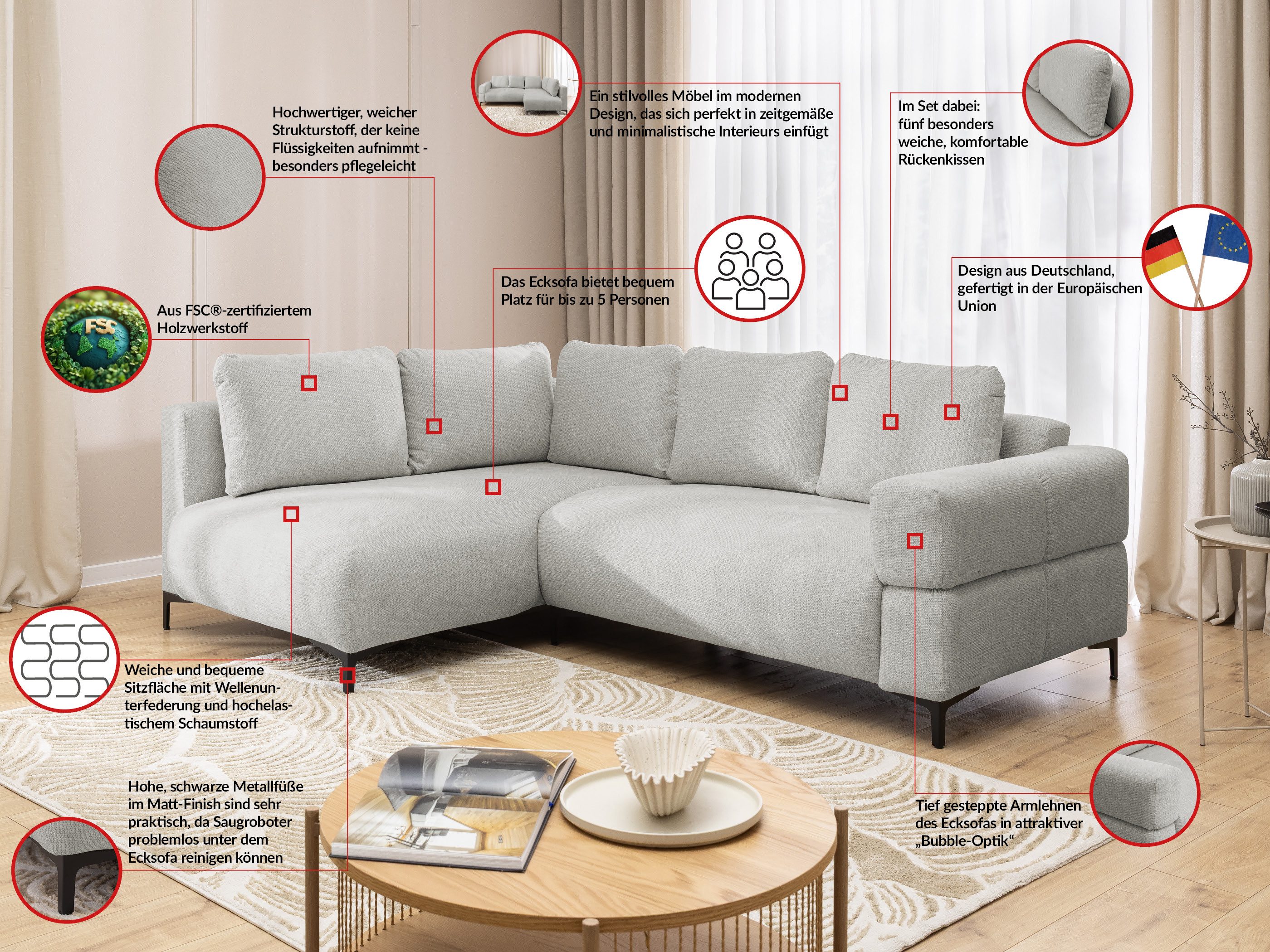 S-Style Möbel Ecksofa Cardea in Bubble-Optik aus weichem Strukturstoff mit hohem Sitzkomfort, mit Wellenfederung