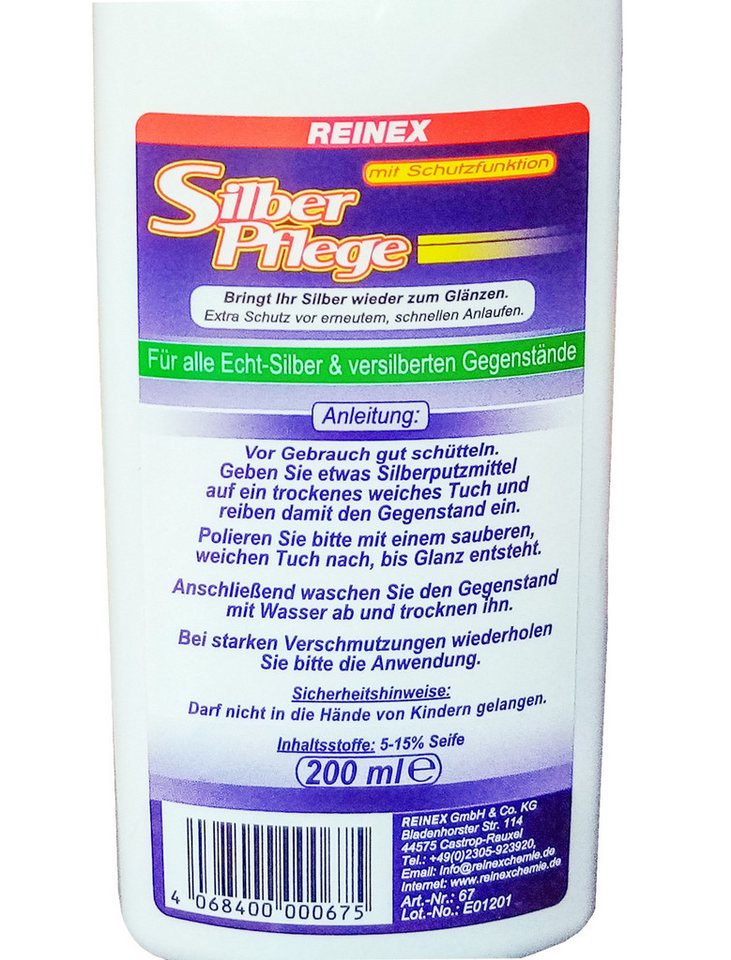 Thumbnail - Reinex SILBERPFLEGE mit Schutzfunktion 200ml Silber Reiniger Reinigung 75 Schmuckreiniger (Pflege Glanz Silberreiniger S...