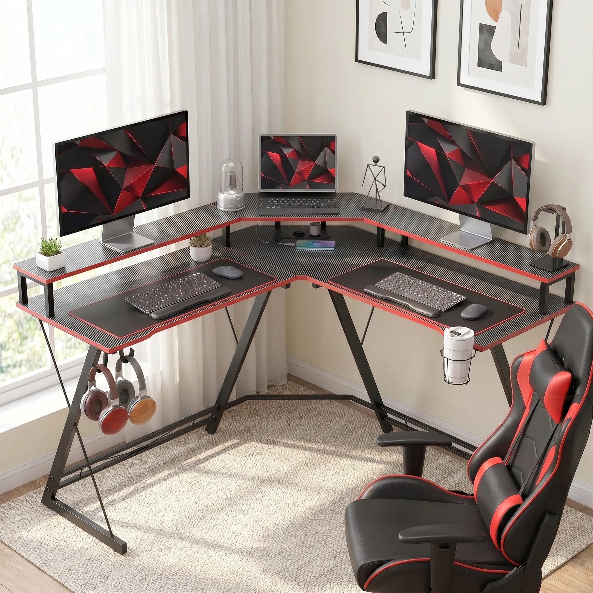 OKWISH Schreibtisch L-förmiger Computertisch 128 cm mit Steckdosen und Monitorständer (Packung, 1-St., Integrierter Kopfhörerhaken und Getränkehalter für den Alltag), Eckschreibtisch mit praktischem Zubehör für Büro und Homeoffice