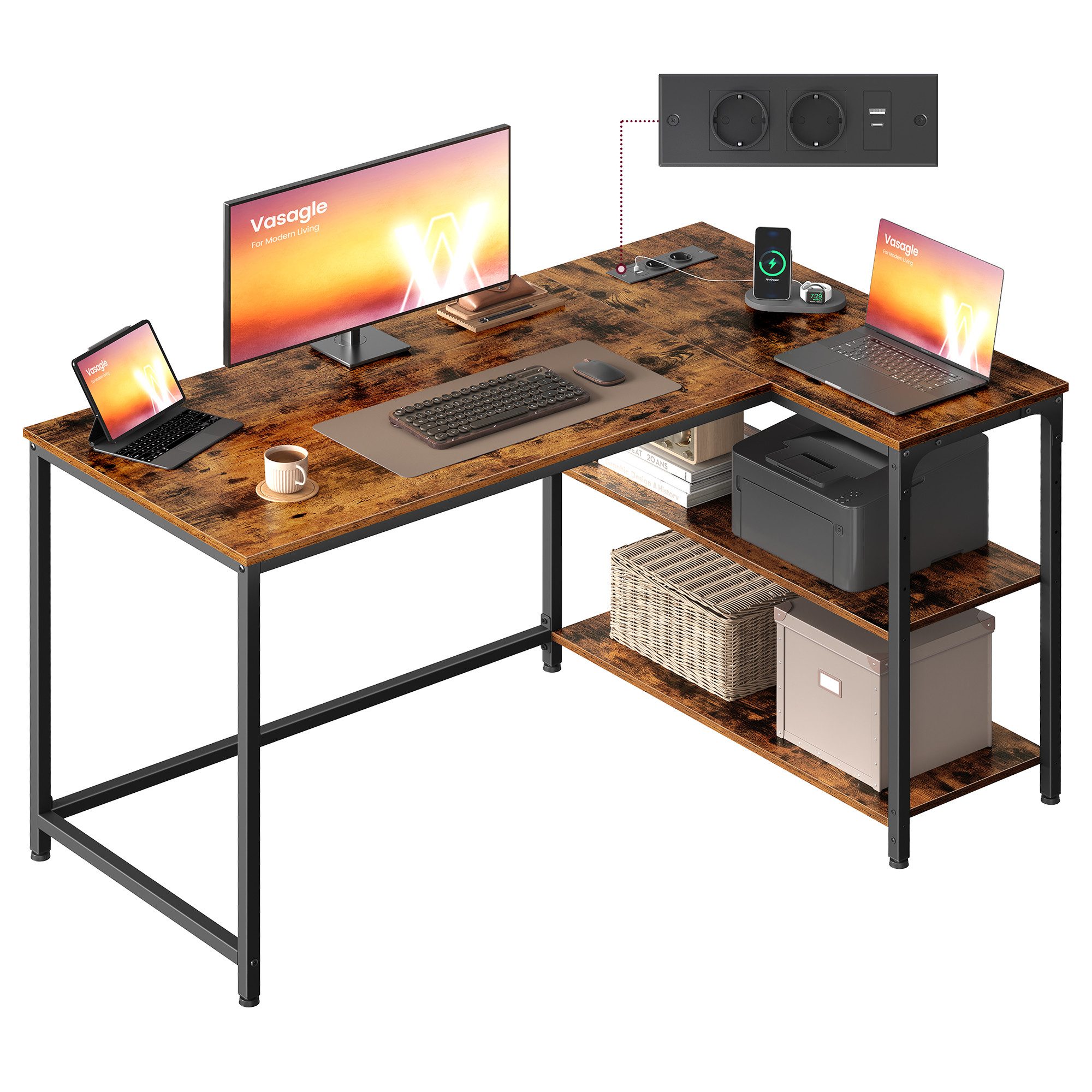 VASAGLE Schreibtisch Eckschreibtisch in L-Form, Computertisch mit Stauraum, Bürotisch, höhenverstellbare Ablage, für Homeoffice, 110/120 cm
