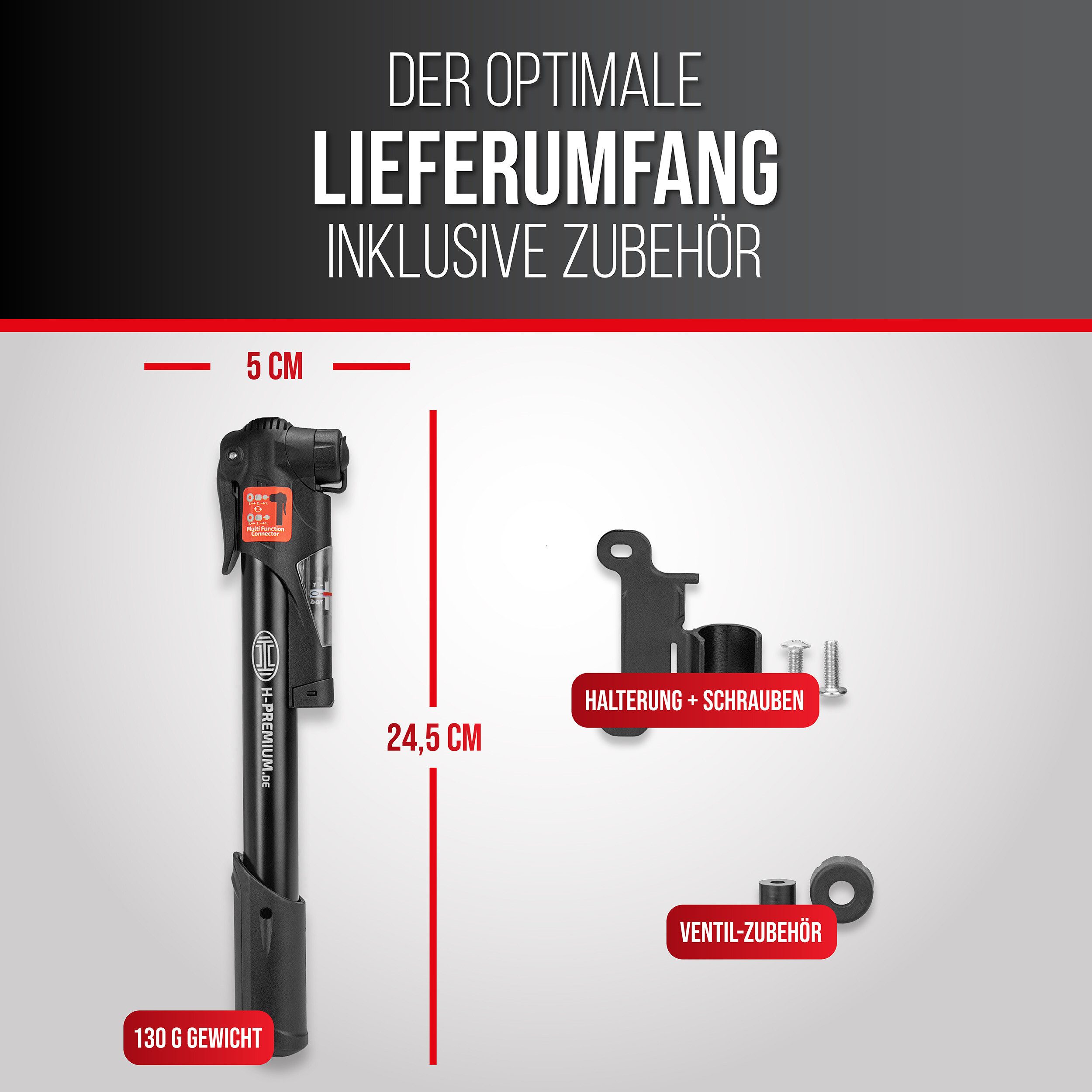 HEYNER Fahrradpumpe Luftpumpe AeroStarCompact PRO Premium Mini - Handpumpe mit Manometer (1-tlg., Mit Manometer)