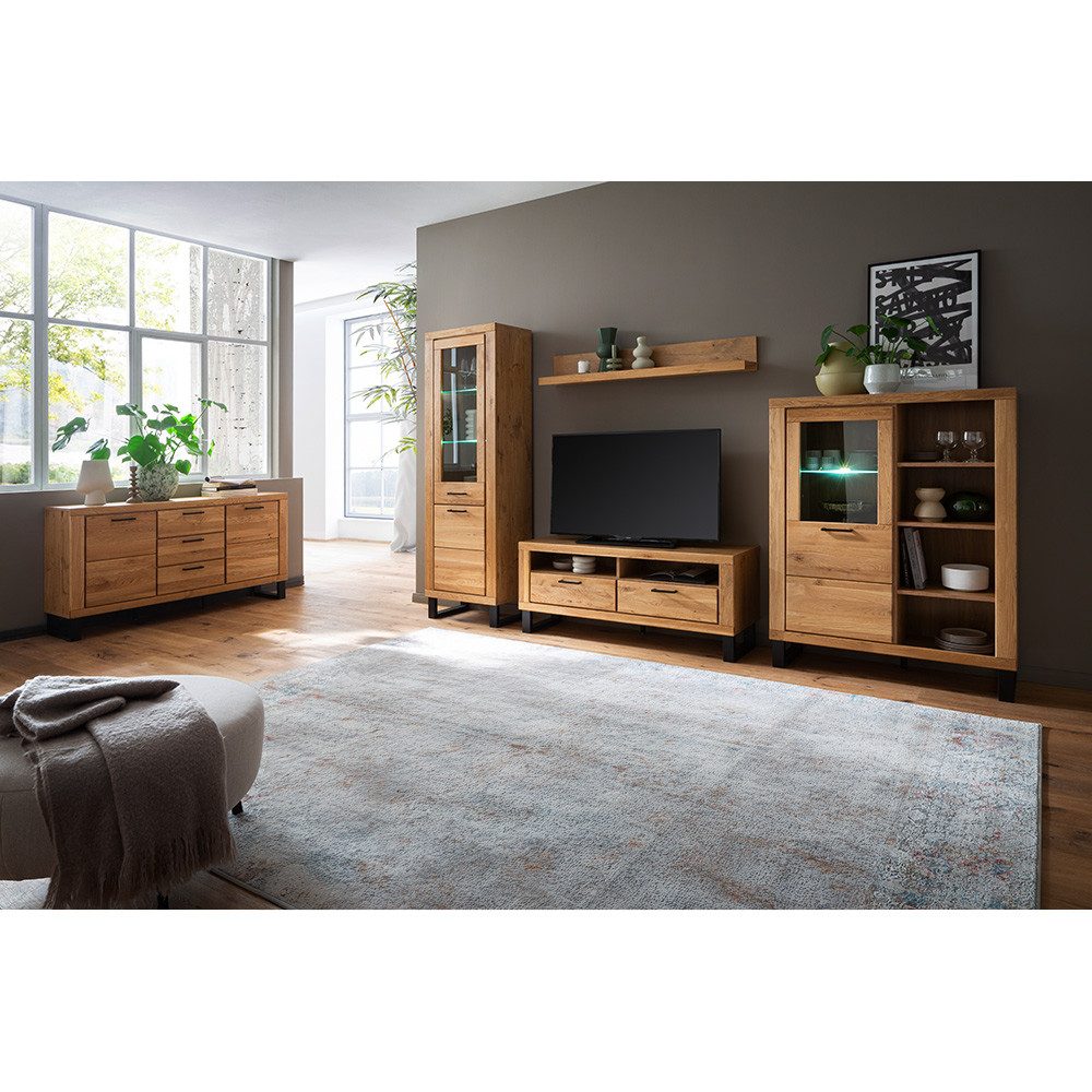 Lomadox Wohnzimmer-Set KUMASI-06, (Mega-Spar-Set, 5-St., Highboard Lowboard Sideboard Vitrine Wandregal), in Eiche teilmassiv, inkl. LED-Beleuchtung, Metallgriffe & -füße