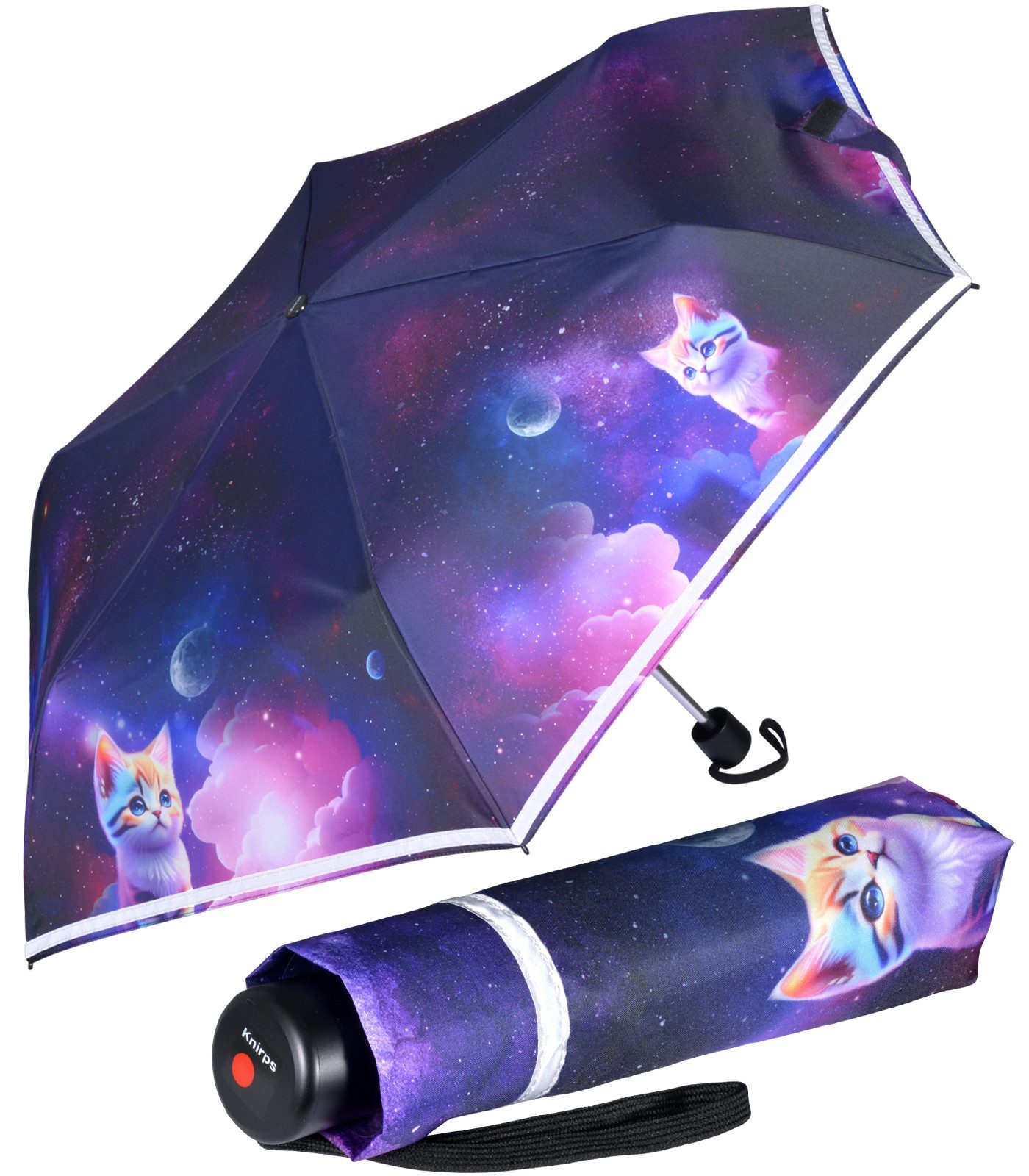 Knirps® Taschenregenschirm Kinderschirm 4Kids reflective mit Katzen, für Sicherheit auf dem Schulweg