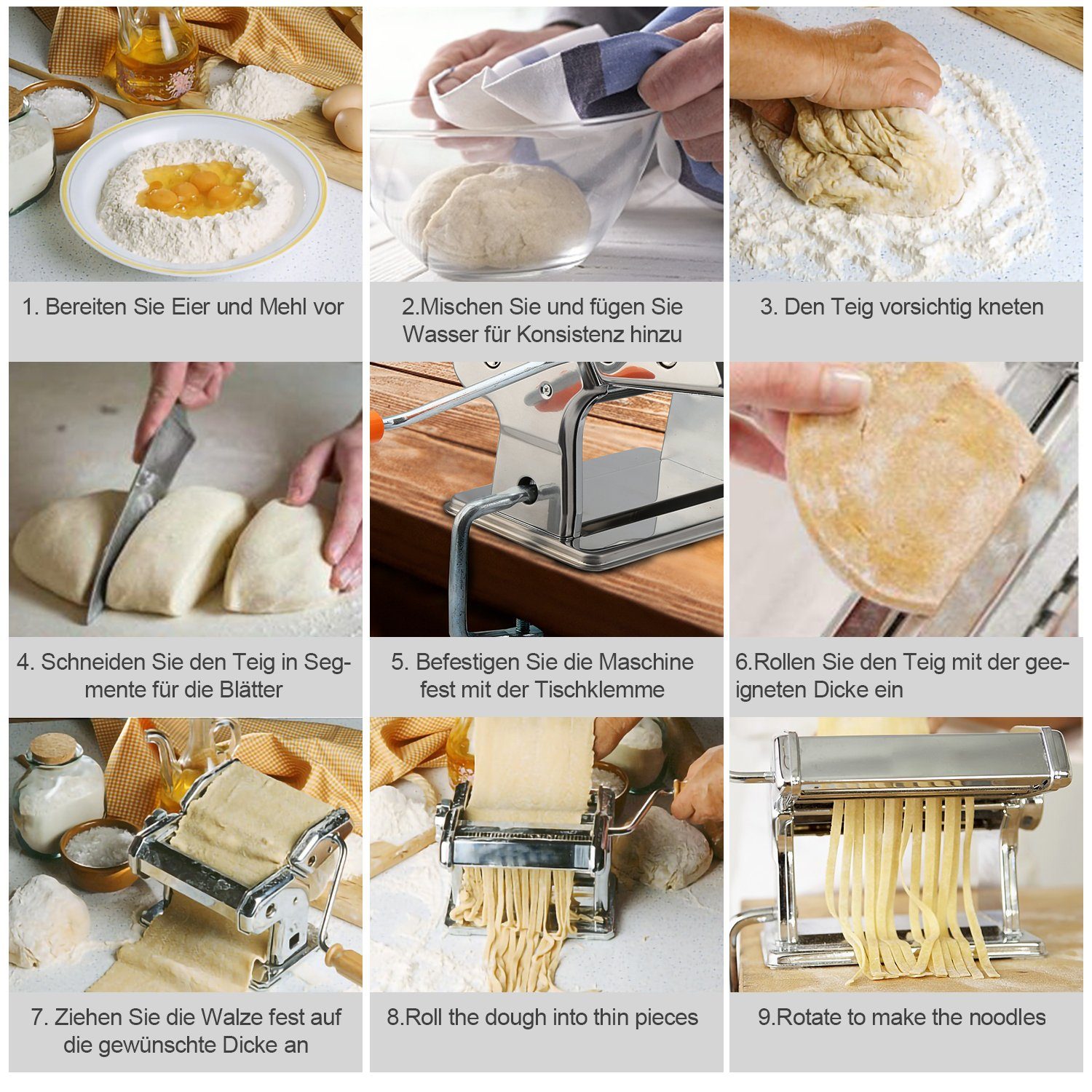 für mit Dicke, Nudeln Pasta Edelstahl 7 Lasagne Pastamaschine, Einstellbare Maker, 2 TolleTour Spaghetti Schneiden, Nudelmaschine