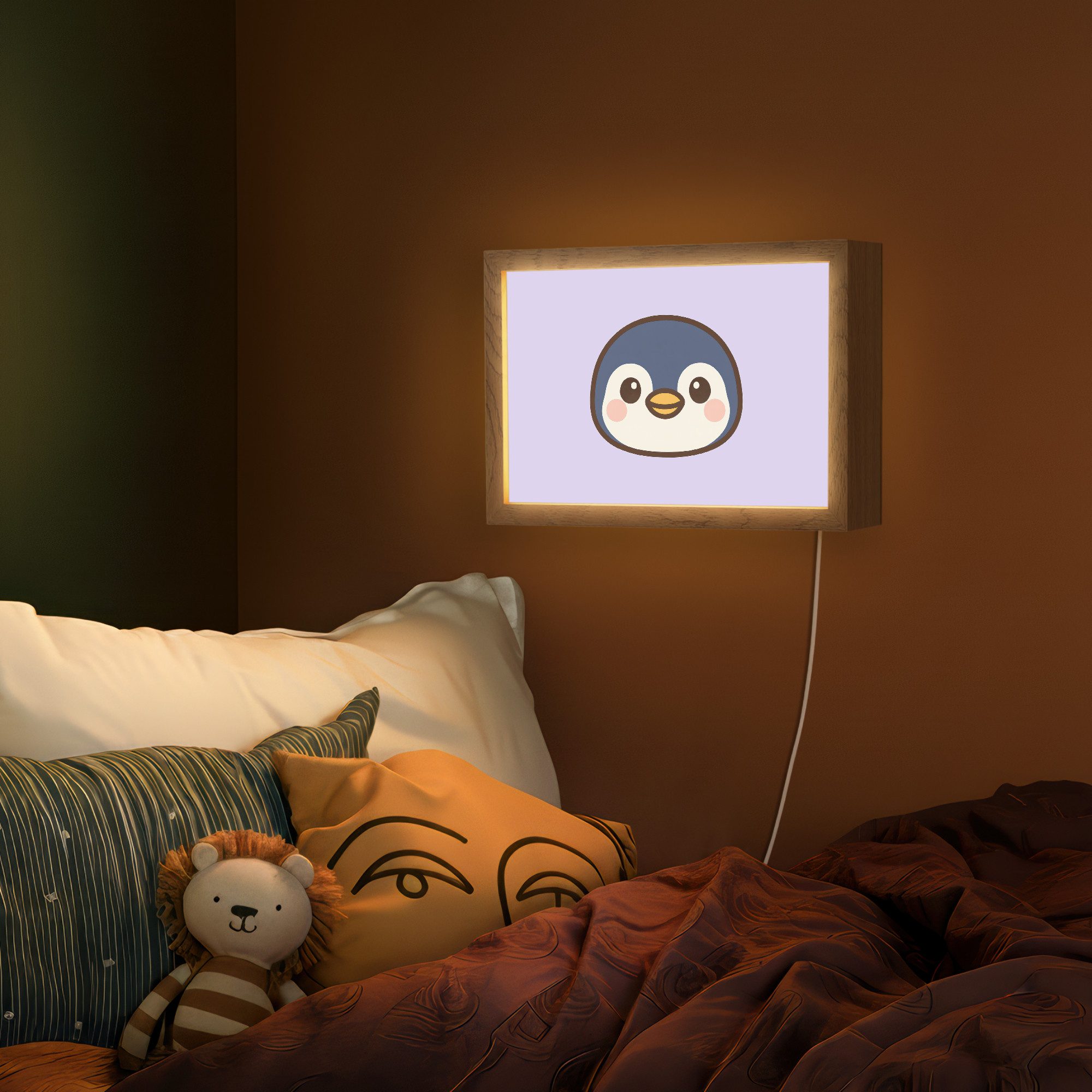 OnlyWow Wandleuchte Lightbox Pinguin - Lila - Niedlich - Mädchen, Dimmbar, Farbwechsel, LED, Warmweiß, Kaltweiß, Neutralweiß Einstellbar, Wandlampe Innen, Dimmbar, mit Kabel, LED, Modern, Schlafzimmer