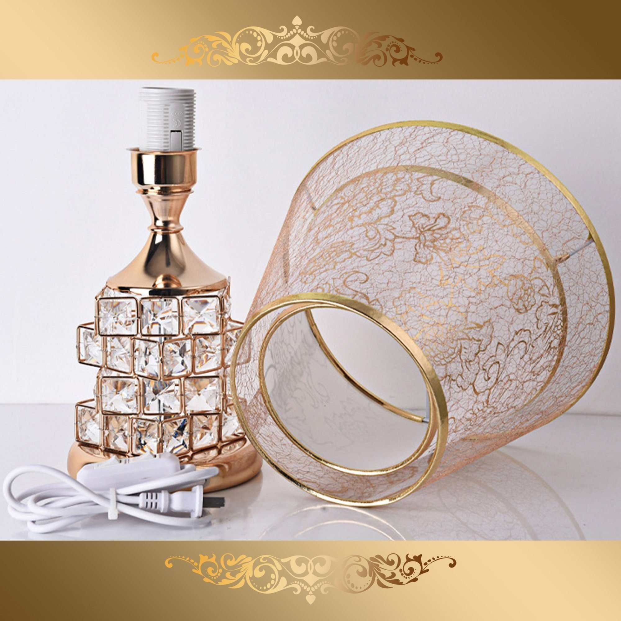 Luckice LED Nachttischlampe Schlafzimmerlampe,Gold Tischlampe Vintage,LED Teichleuchte, LED wechselbar, Knopfschalter,einfach zu bedienen.Kristallbasis,High-End – Bild 4 von 5