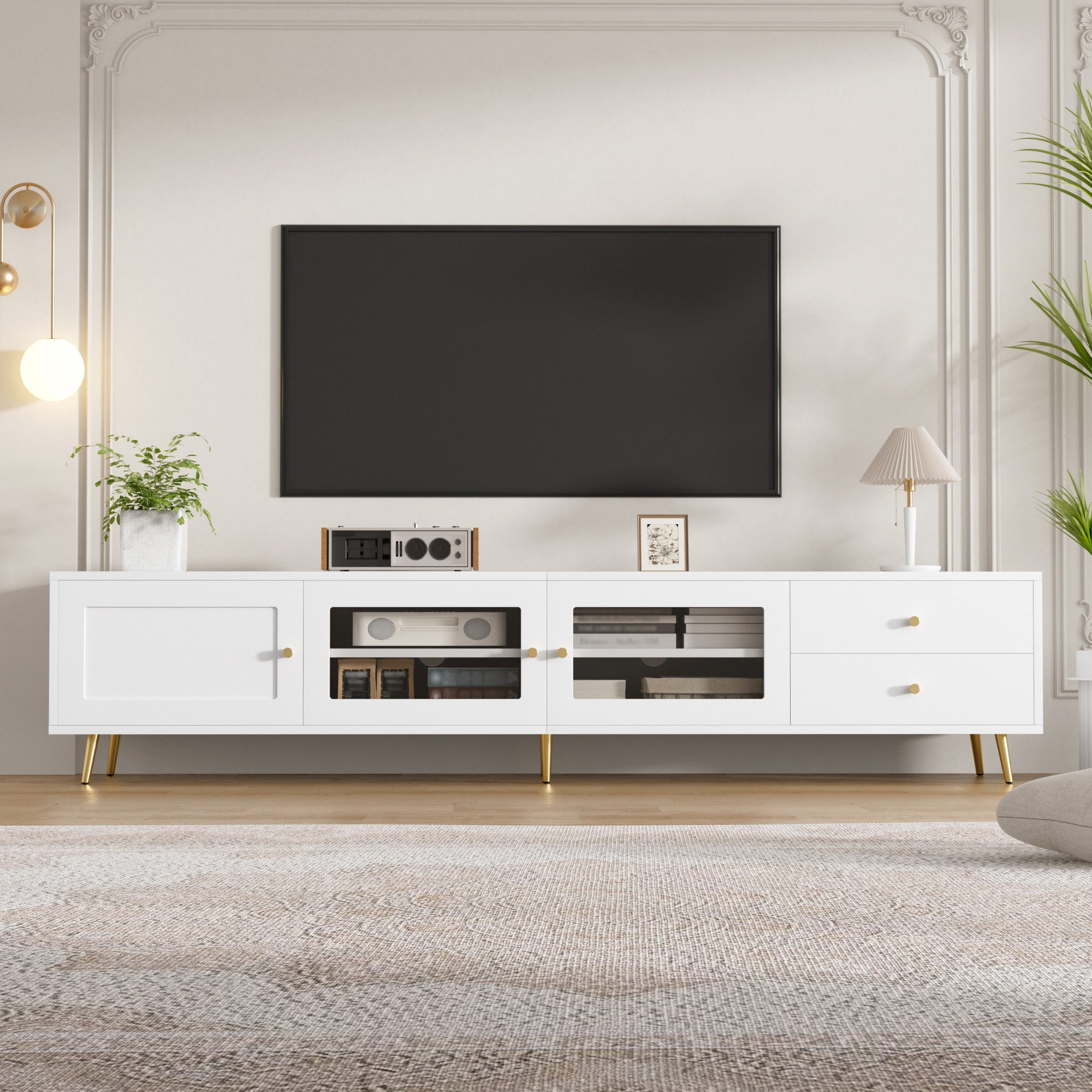 Flieks Lowboard TV-Schrank mit 2 Schubladen, 2 Glastüren, verstellbaren Einlegeböden (170×40×28 cm, 1 St., bodenstehend), Fernsehschrank TV-Board Weiß, goldfarbene Metallfüße und Metallgriffe