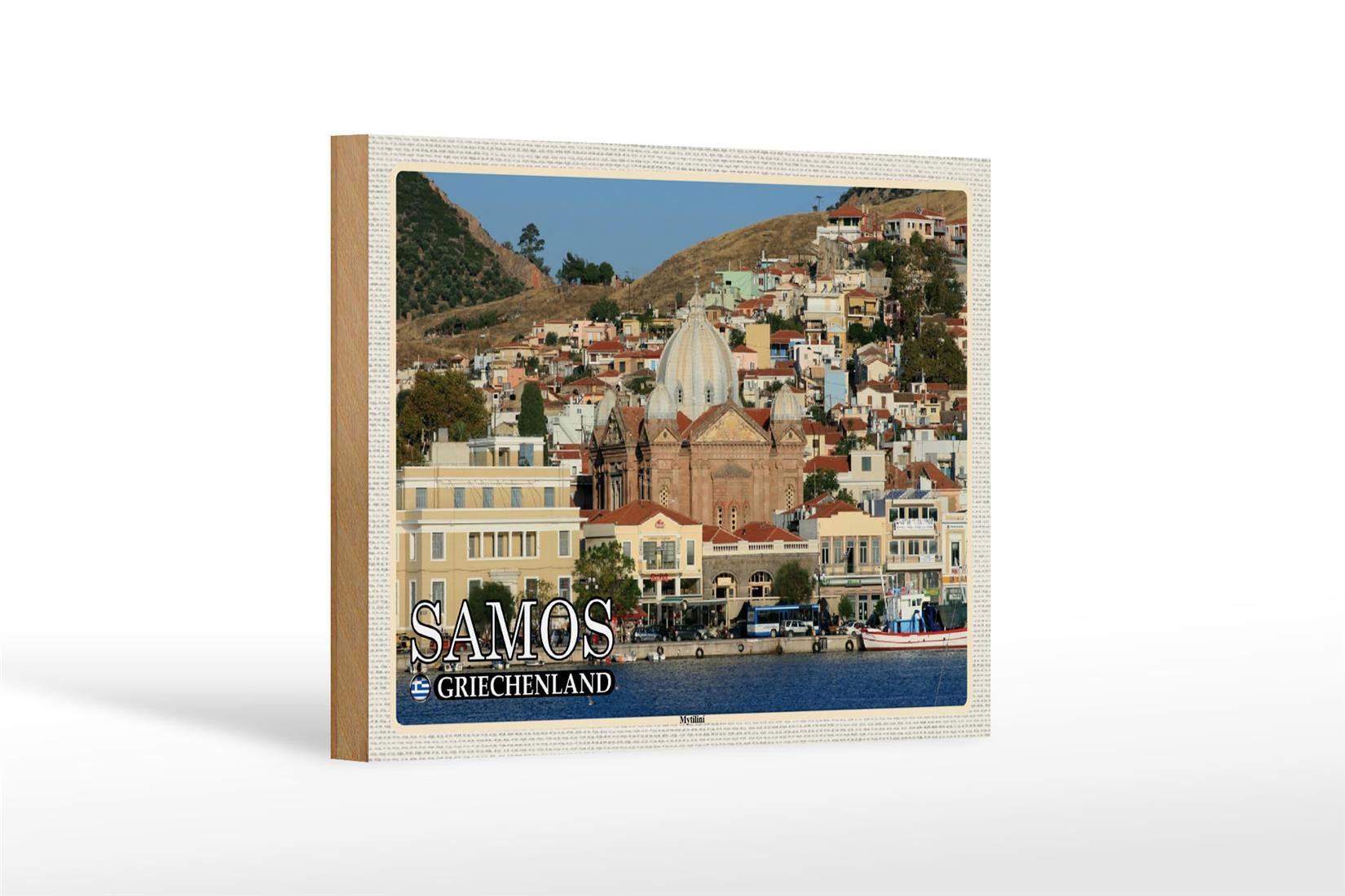 Holzbild Reise 18x12 cm Samos Griechenland Mytilini Stadt Meer