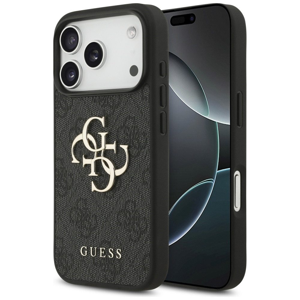 Guess Handyhülle iPhone 17 Pro Kunstleder grau Big Logo Metall goldfarben 6,3 Zoll, Kantenschutz