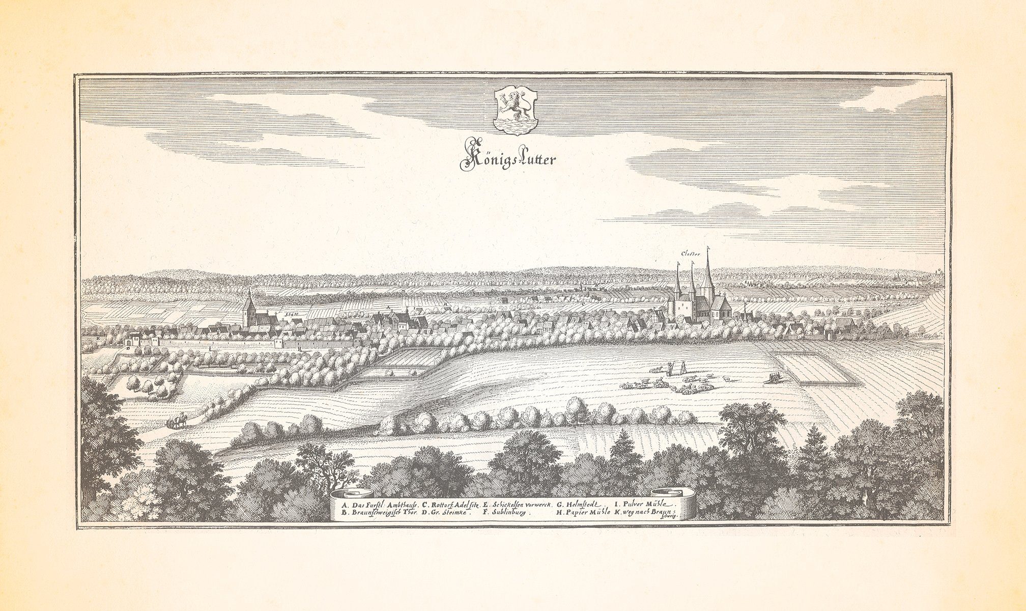Kunstdruck Königslutter Amtshaus Adelsitz Kloster Pulvermühle Kupferstich Merian