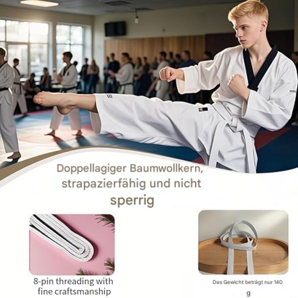Montegoni Karateanzug BJJ Gürtel Weiß 300cm, Jiu Jitsu Gurt für Training & Prüfung (Einzelprodukt Martial Arts Gürtel, 1 Stück Kampfsportgürtel), Mehrfach gesteppte Nähte, 300 cm Länge, Universell für Kampfsportarten