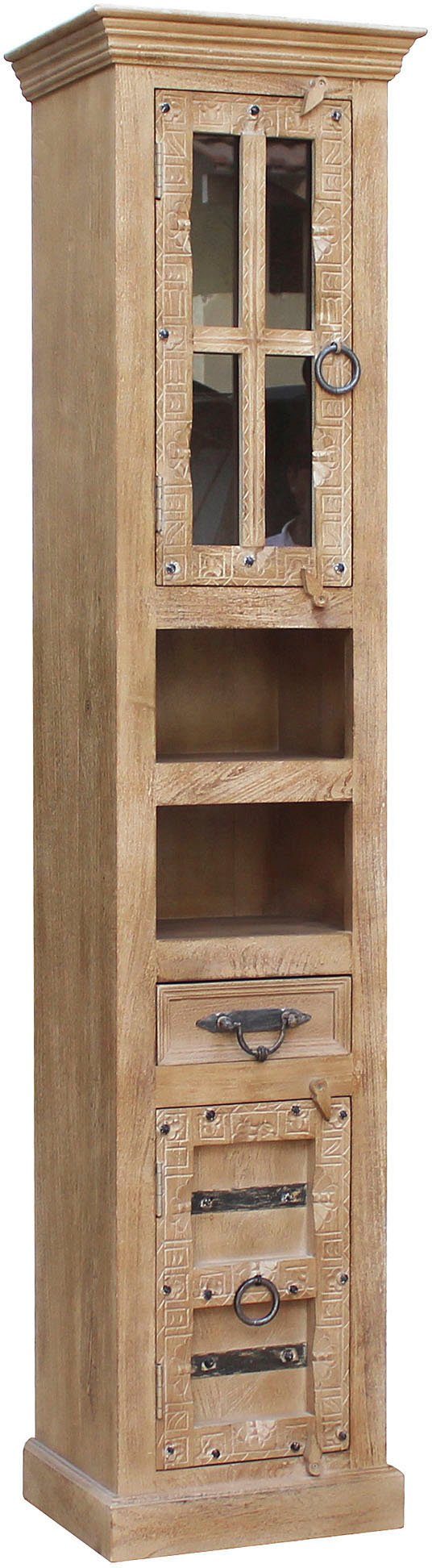 SIT Vitrine Daipur mit Glastür und 1 Schubkasten. 2 offen Fächer geschnitzte Verzierungen, Breite 44/Höhe 188 cm