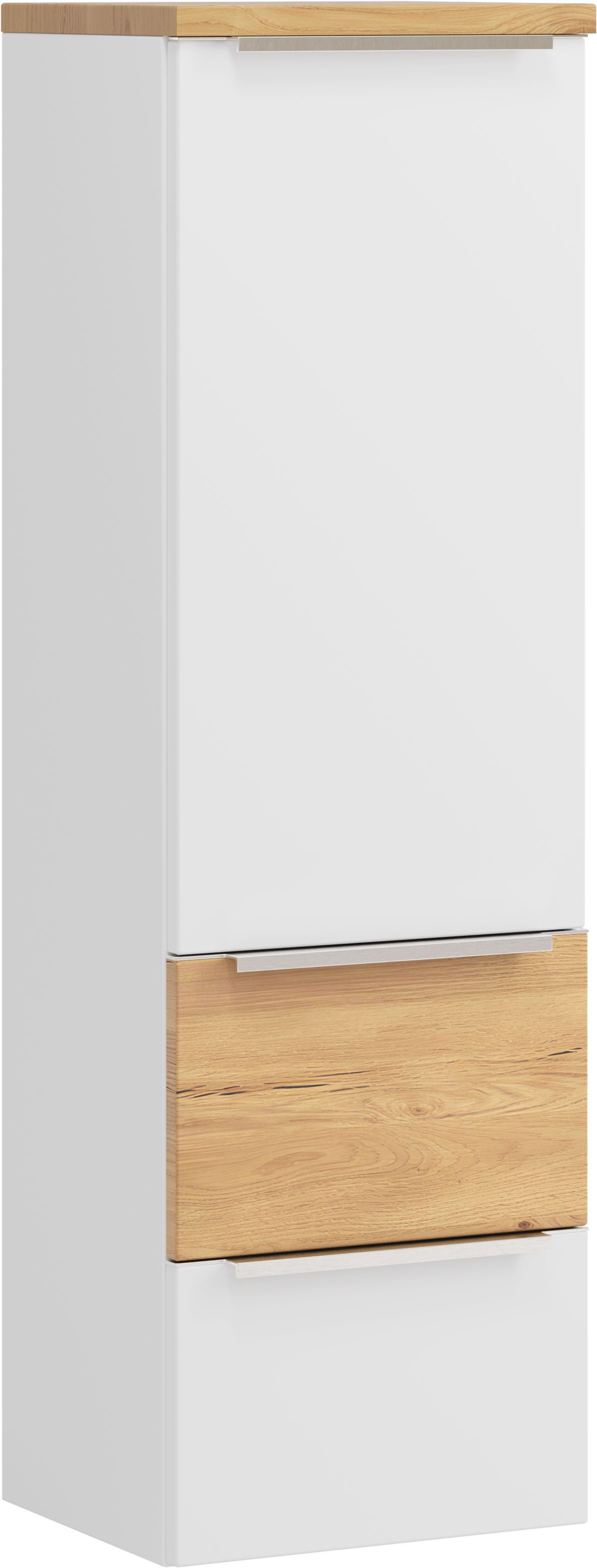 welltime Midischrank TRIENT, Midischrank 40 cm, Softclose-Auszüge und gedämpfte Scharniere (Maße (B/H/T): ca. 40/130/35 cm) matt weiß/Wildeiche, Softclose-Metallauszüge