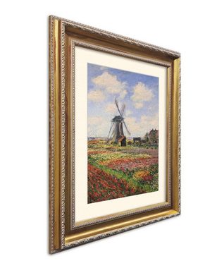 artissimo Bild mit Rahmen Monet Bild mit Barock-Rahmen / Poster gerahmt 63x53cm / Wandbild, Claude Monet: Tulip field with Windmil