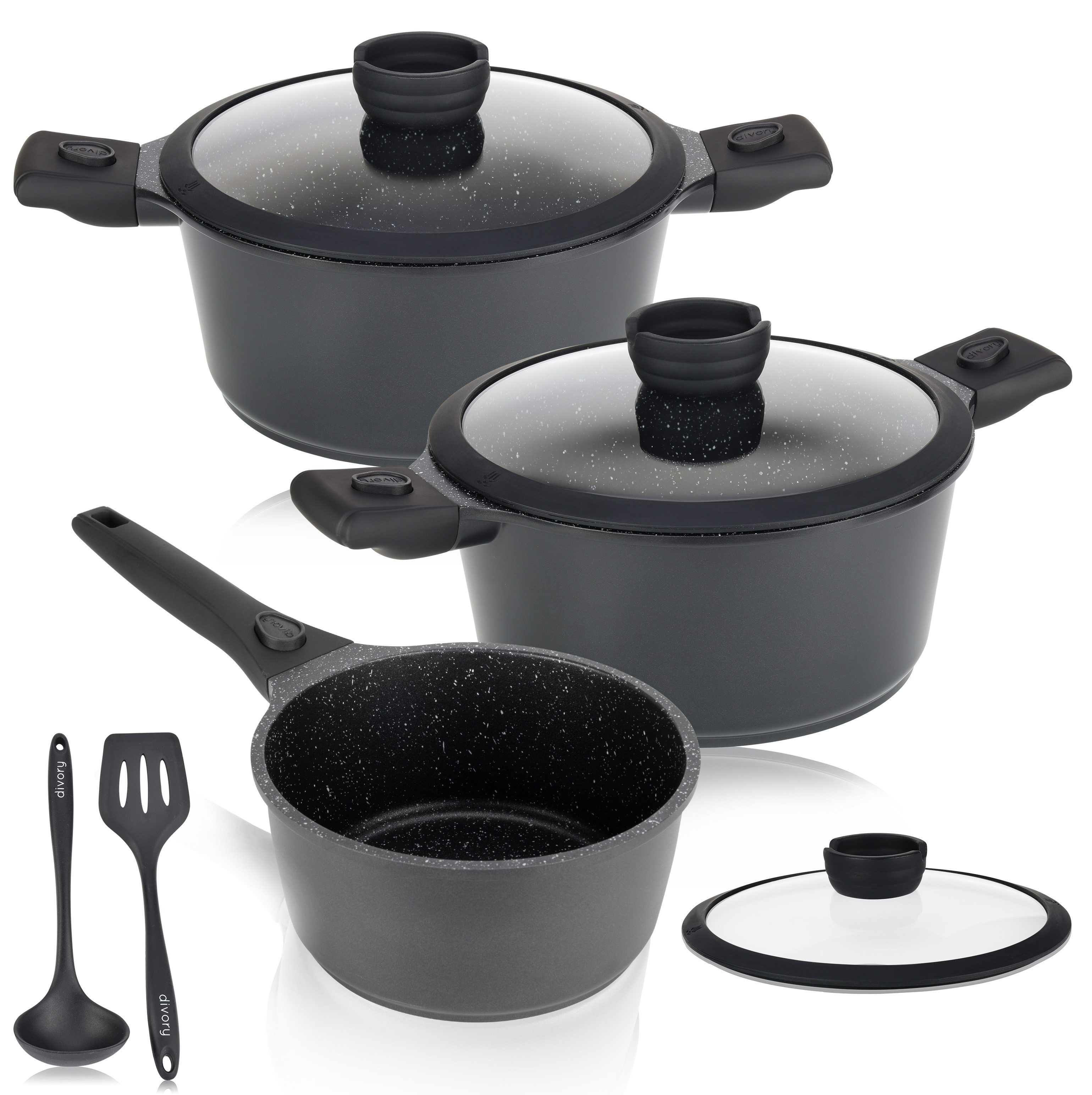 divory Topf-Set 3-tlg, abnehmbare Griffe, Antihaftbeschichtung, alle Herdarten, Aluminium, Induktion, abnehmbare Griffe
