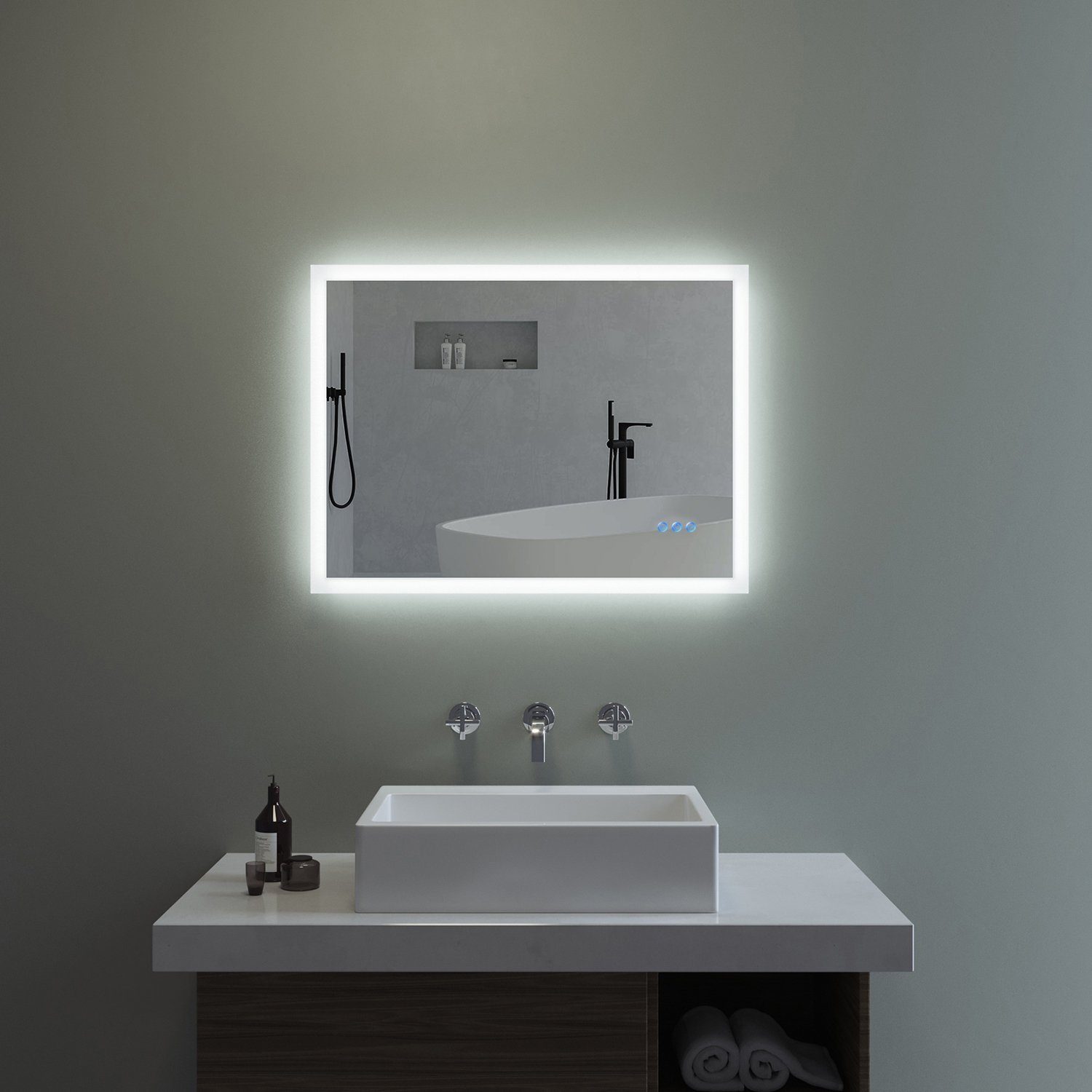 AQUABATOS LED-Lichtspiegel LED Badspiegel Lichtspiegel Badezimmerspiegel mit Beleuchtung (80x60cm 100x70cm 140x70cm Kaltweiß 6400K und Warmweiß 3000K, Dimmbar), Touch Schalter, Spiegelheizung, Antibeschlag, Energiesparend