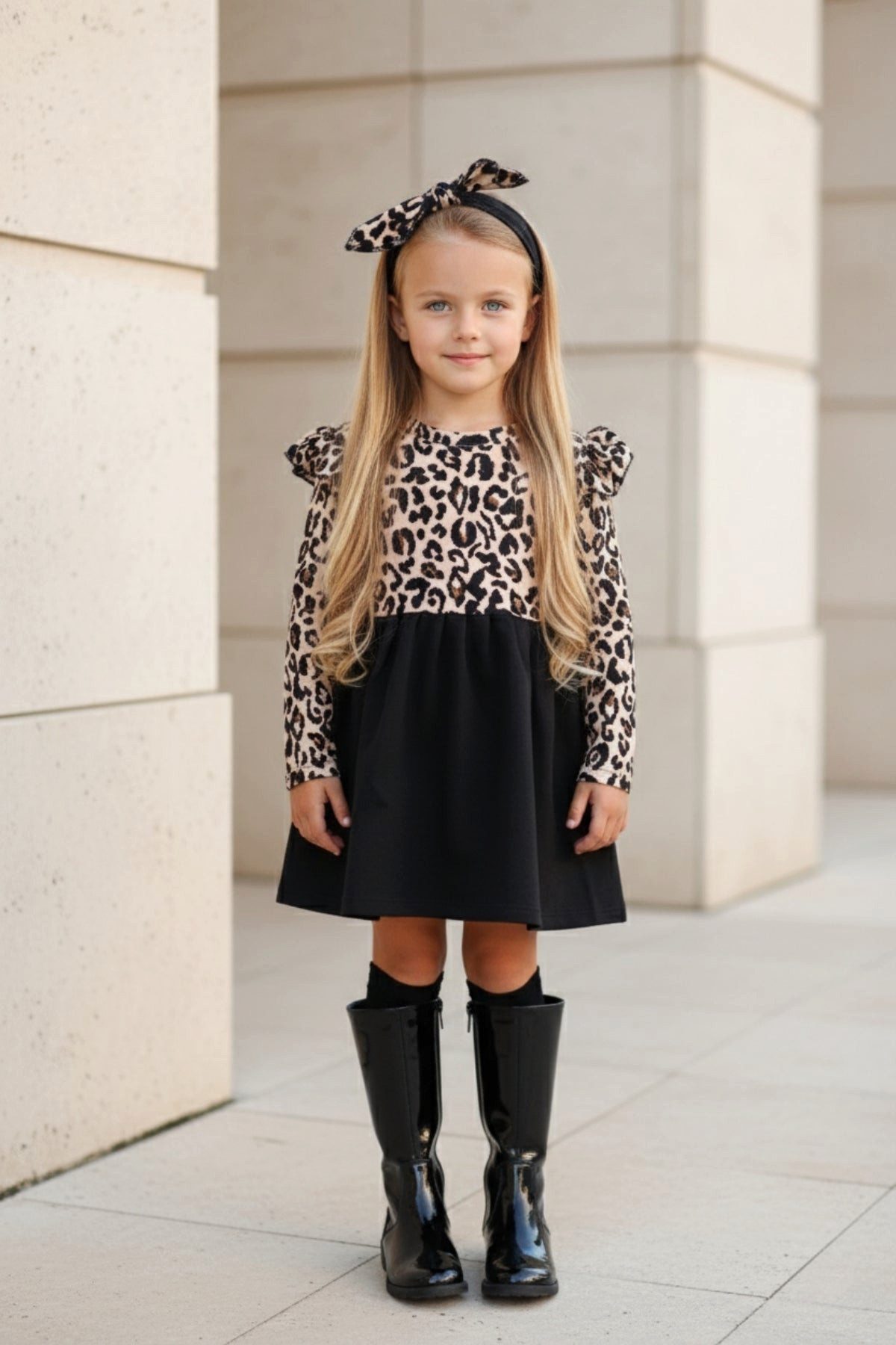 Parla Kids Kleid & Haarband Kleid - schwarz Leopardenmuster - Rüschensaum und passendes Haarband