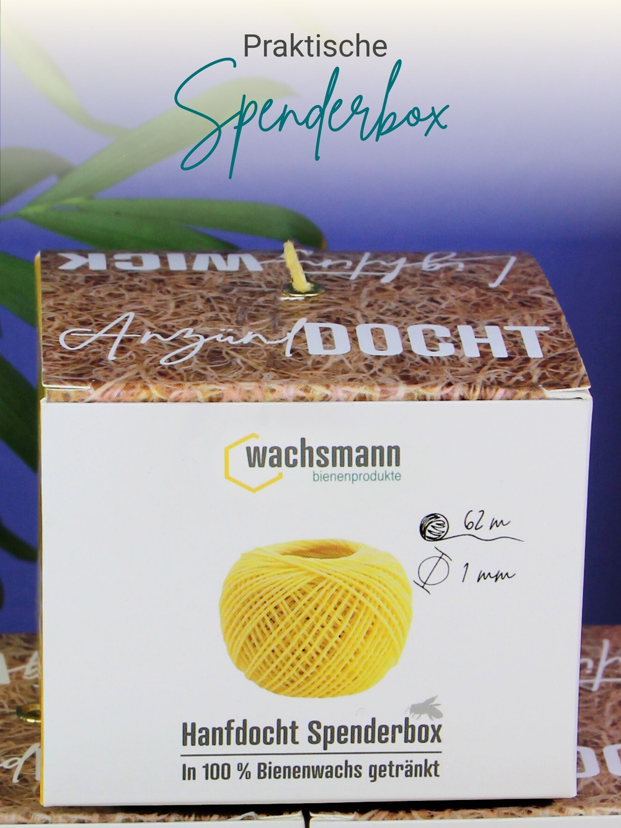 Wachsmann Bienenprodukte Bienenwachskerze Hanfdocht in Spenderbox (62 m, 1 mm Durchmesser), in Bienenwachs getränkt