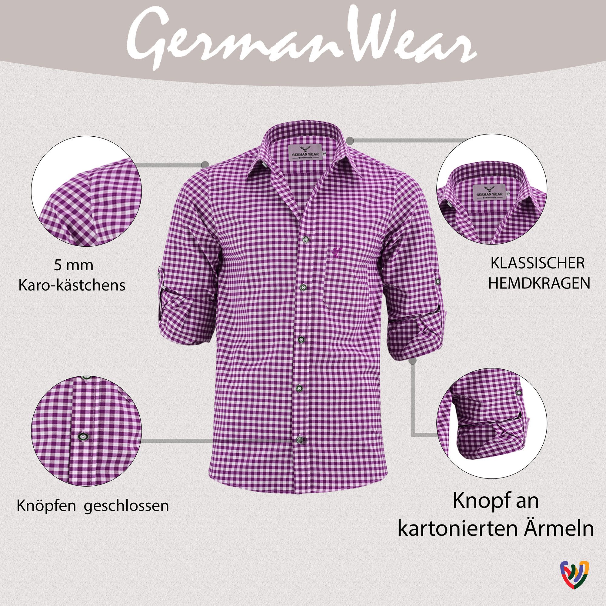 German Wear Trachtenhemd GW1210 Karo Trachtenhemd für Trachtenlederhosen in lila