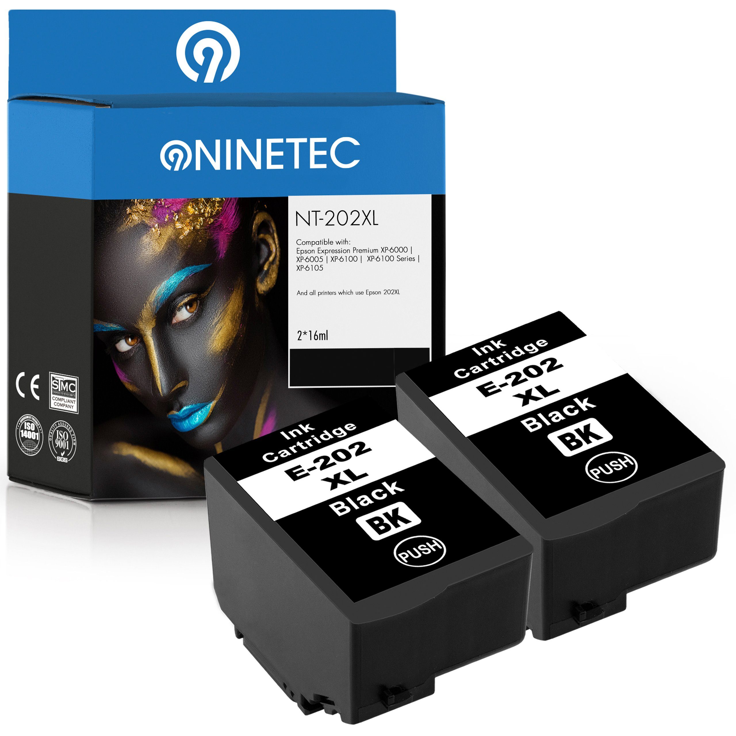 NINETEC 2er Set ersetzt Epson 202XL 202 XL Black (C13T02G14010) Tintenpatrone