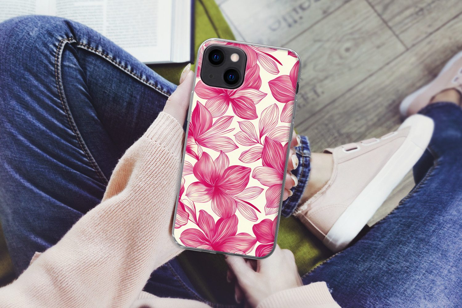 MuchoWow Handyhülle für Apple iPhone 13 Blumen - Muster - Rosa - Weiß, Smartphone-Bumper, Print, Handy Schutzhülle Dünn