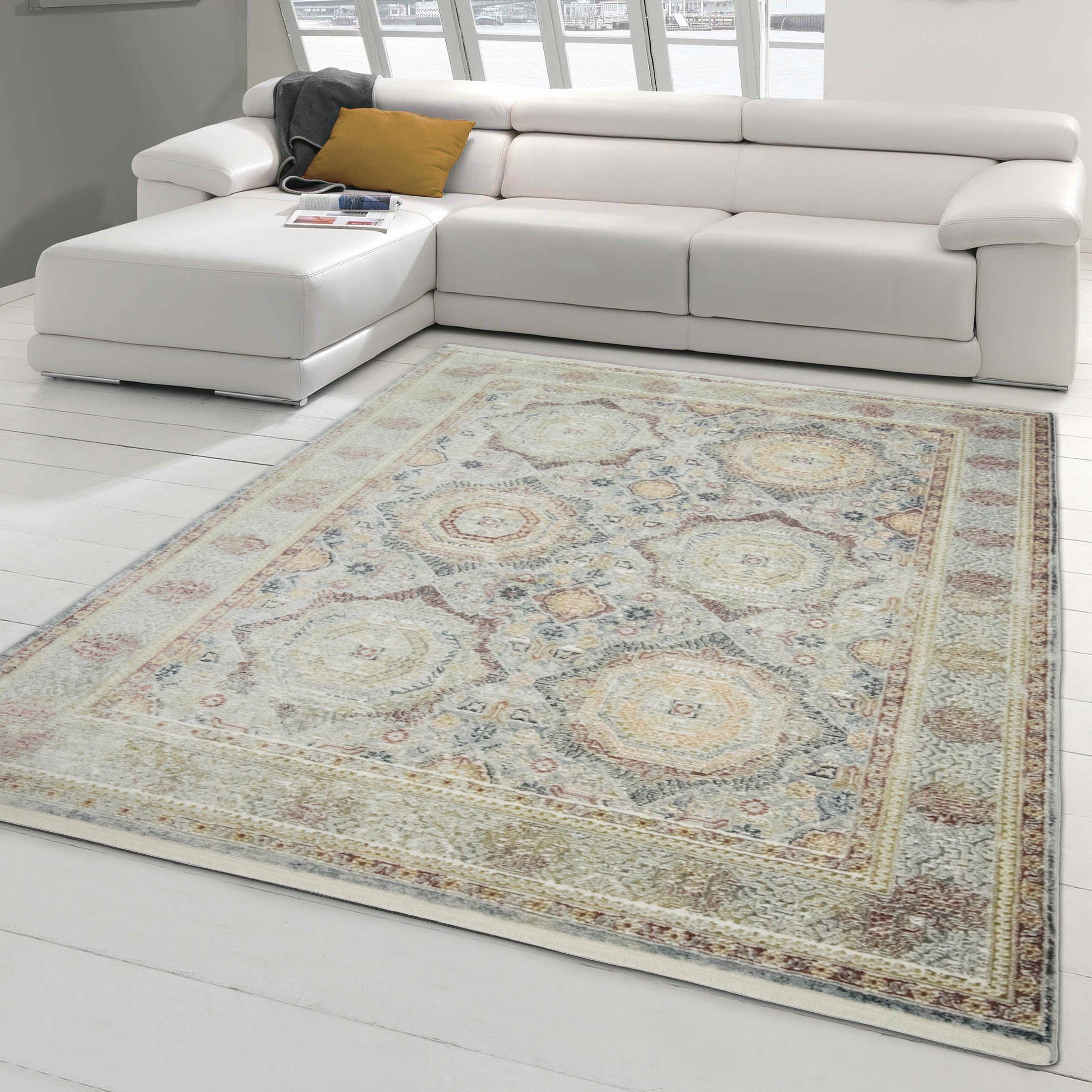 Teppich Klassisch Eleganter Vintage Teppich mit 6 Ornamenten & Fransen creme mehrfarbig, Teppich-Traum, rechteckig, Höhe: 7 mm
