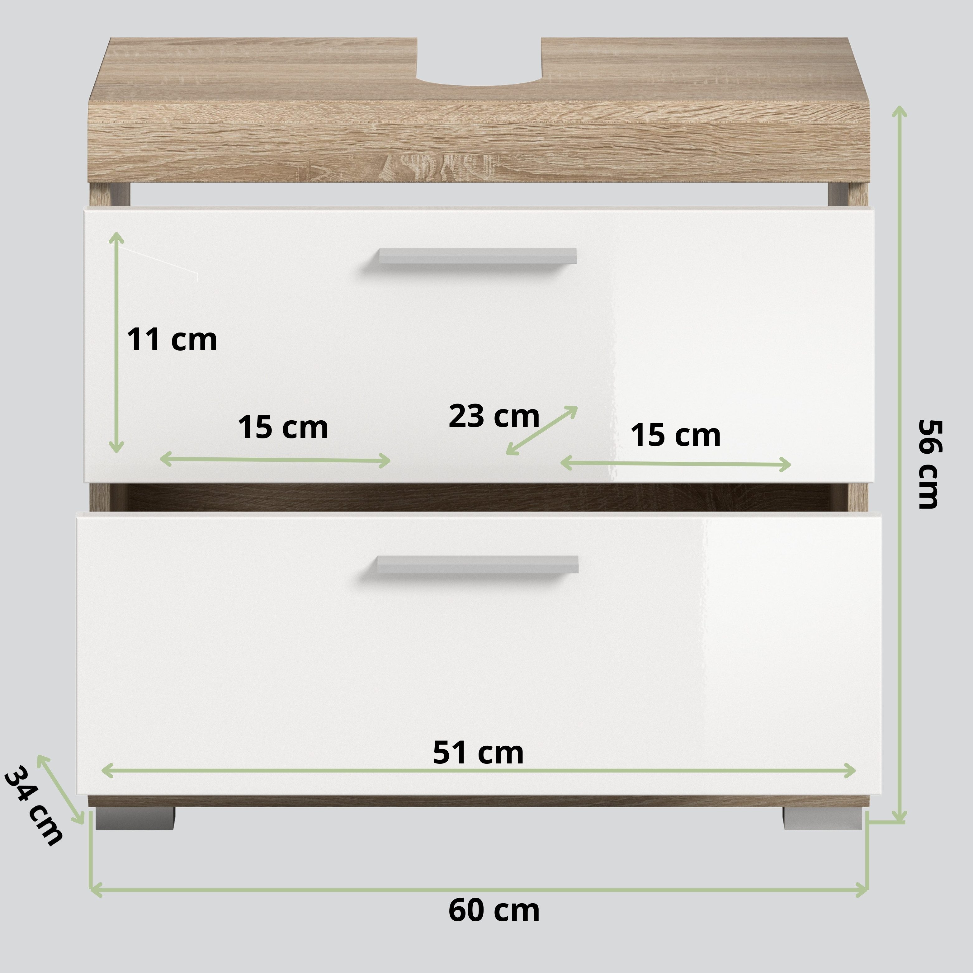 furnling Waschbeckenunterschrank Scott 2 Schubladen, Badmöbel, Badschrank, Badunterschrank, 60 cm breit – Bild 3 von 5