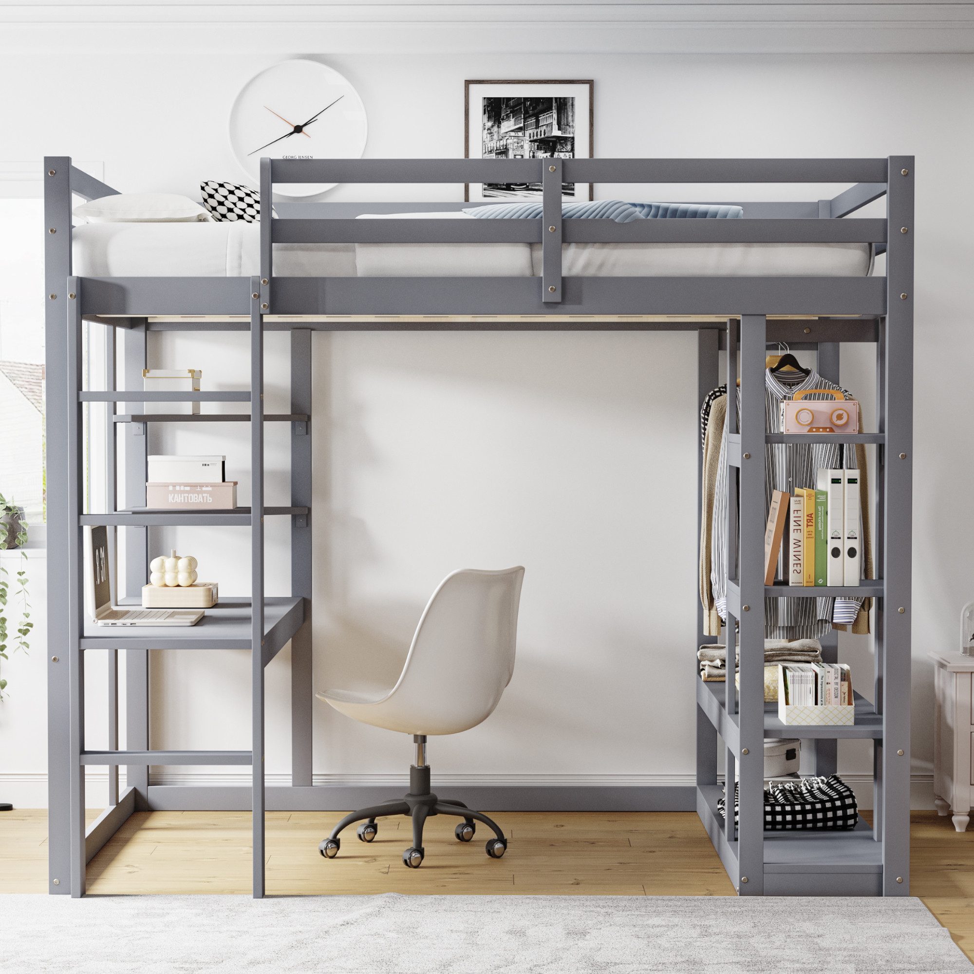 Merax Hochbett mit Stauraum und Sicherheitsleiter, Kieferholz Jugendbett (1-St) Kinderbett 140x200cm mit Schreibtisch Regalen und offener Garderobe – Bild 2 von 5