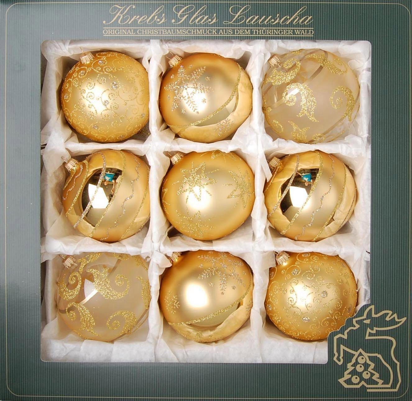 Krebs Glas Lauscha Weihnachtsbaumkugel (9 St), mundgeblasen, goldfarben, Ø ca. 10 cm
