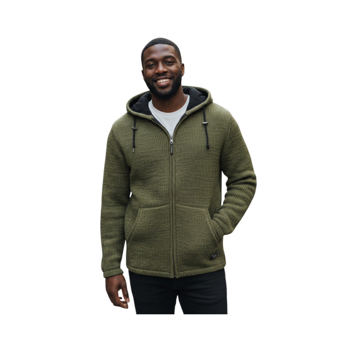 THC Natural Line Strickjacke THC Schafwollstrickjacke 627 grün (1 Stück, 1-tlg., 1 Stück) Strickjacke mit abnehmbarer Kapuze