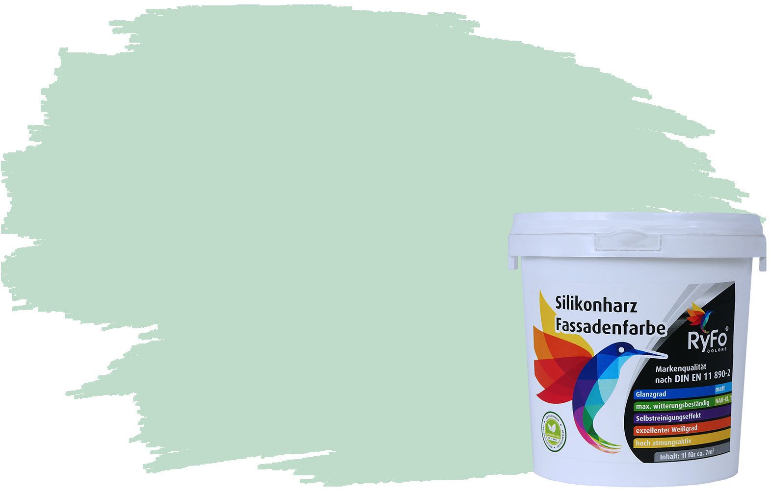 RyFo Colors Fassadenfarbe Silikonharz Fassadenfarbe Pfefferminz 1l, 1 L ca. 6 m², Wasserabweisend, diffusionsfähig, schützt vor Schmutz, Algen, Pilzen