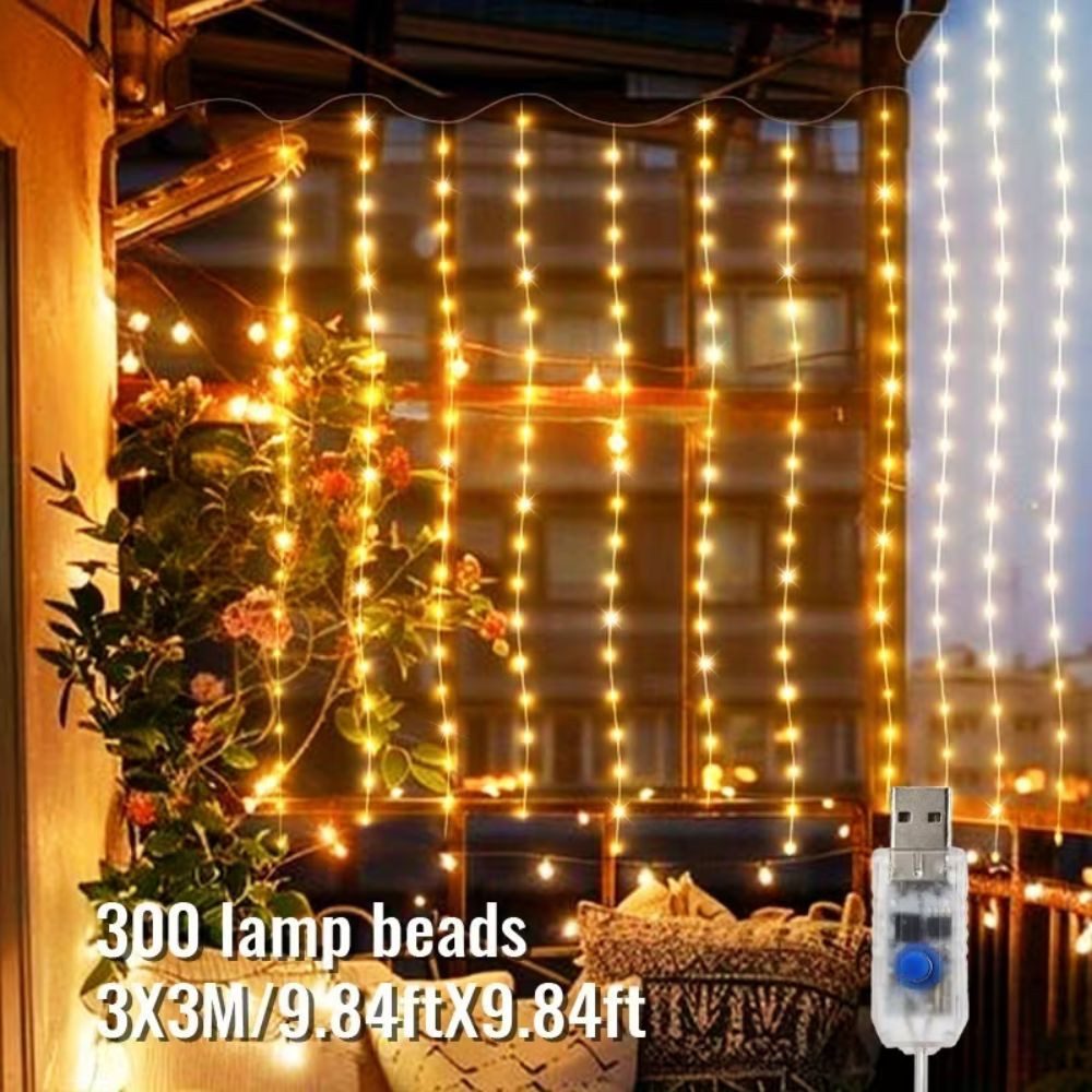Wrischan Lichterkette Lichtervorhang 3x3m Warmweiß USB Lichterkette Vorhang Fenster 300 LED, 8 Beleuchtungsmodi, Fernbedienung, USBbetrieben, Warmweiß, langlebig