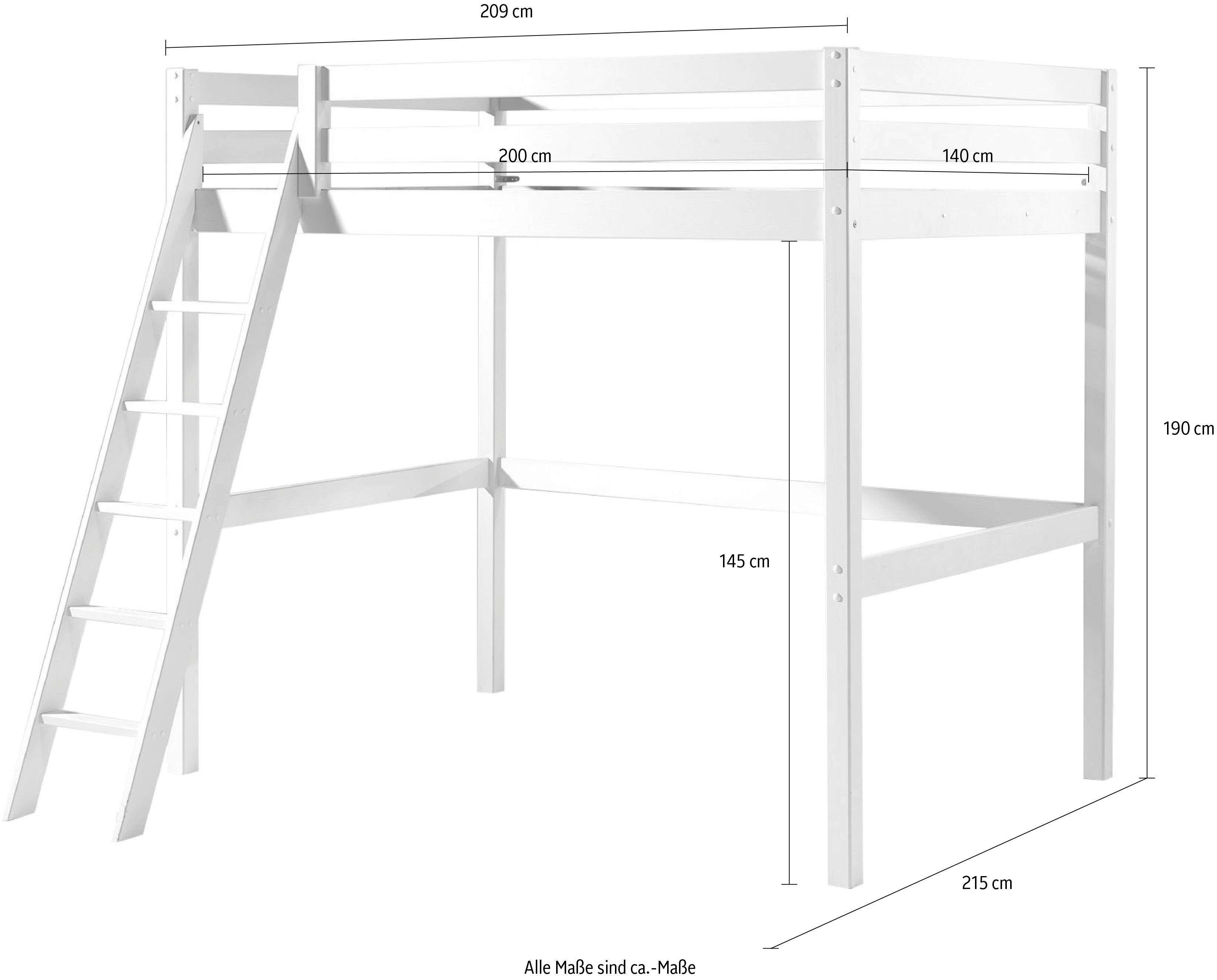 Vipack Hochbett Pino, inkl. Rolllattenrost, Absturzschutz und schräger Leiter (B/H/T ca. 209x190x215cm, Höhe unter der Liegefläche 145 cm nutzbar) in zwei Breiten 90 oder 140 cm erhältlich