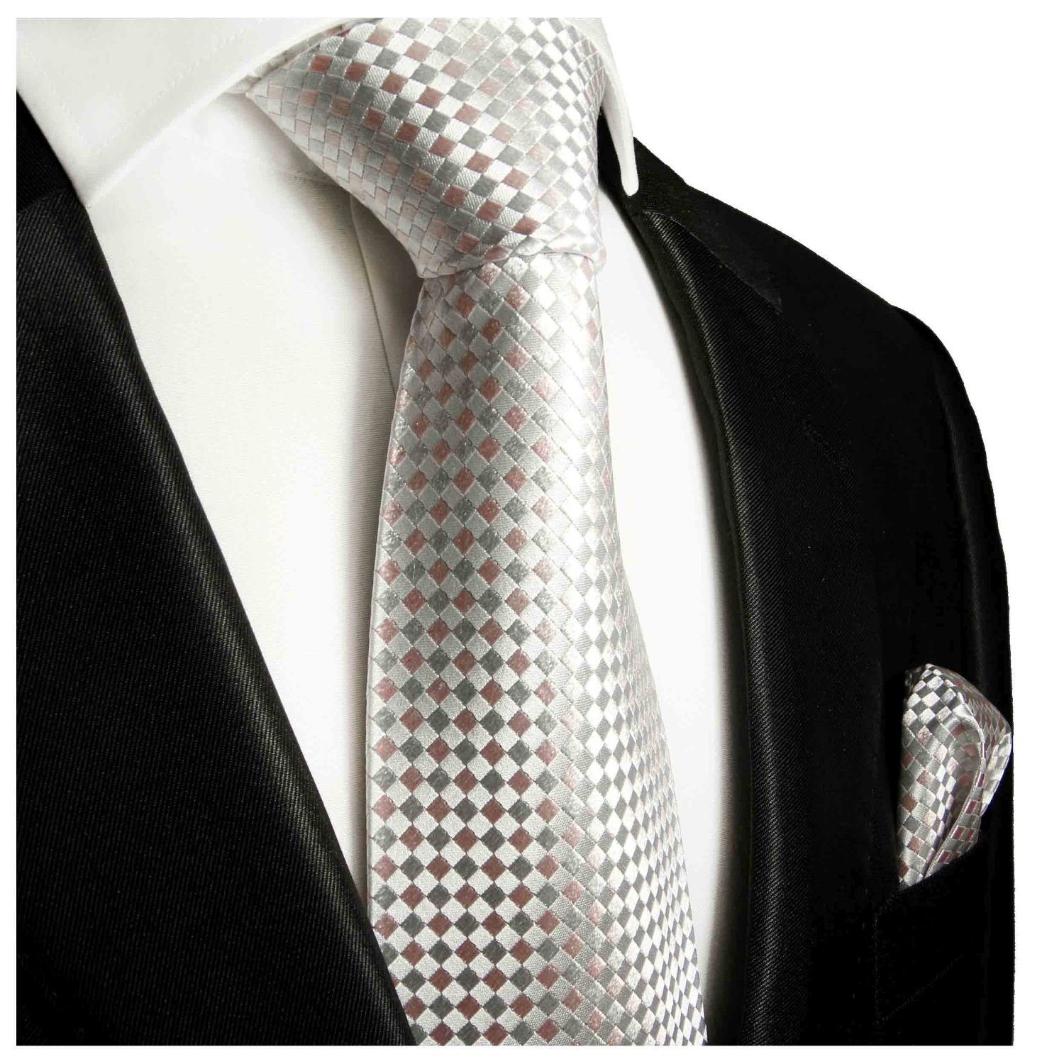 Paul Malone Krawatte Herren Seidenkrawatte und Tuch modern kariert 100% Seide (Set, 2-St., Krawatte mit Einstecktuch) Breit (8cm), silber rosa 472