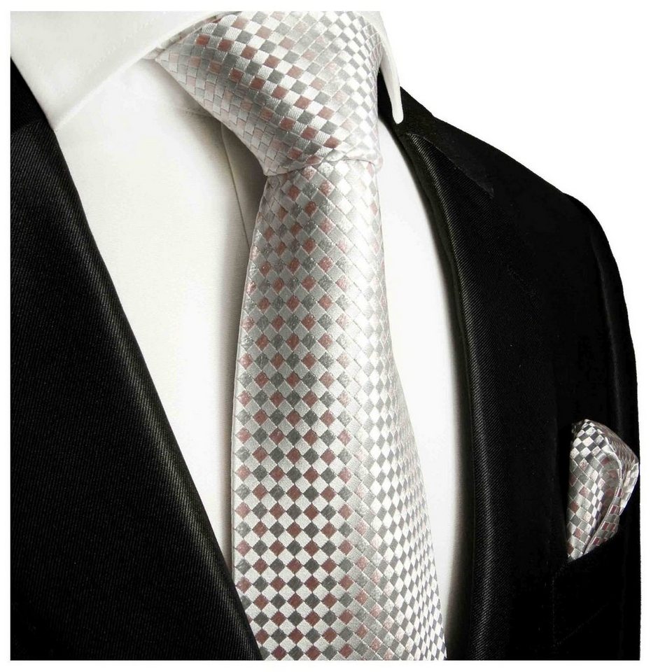 Paul Malone Krawatte Herren Seidenkrawatte und Tuch modern kariert 100%  Seide (Set, 2-St., Krawatte mit Einstecktuch) Schmal (6cm), silber rosa 472