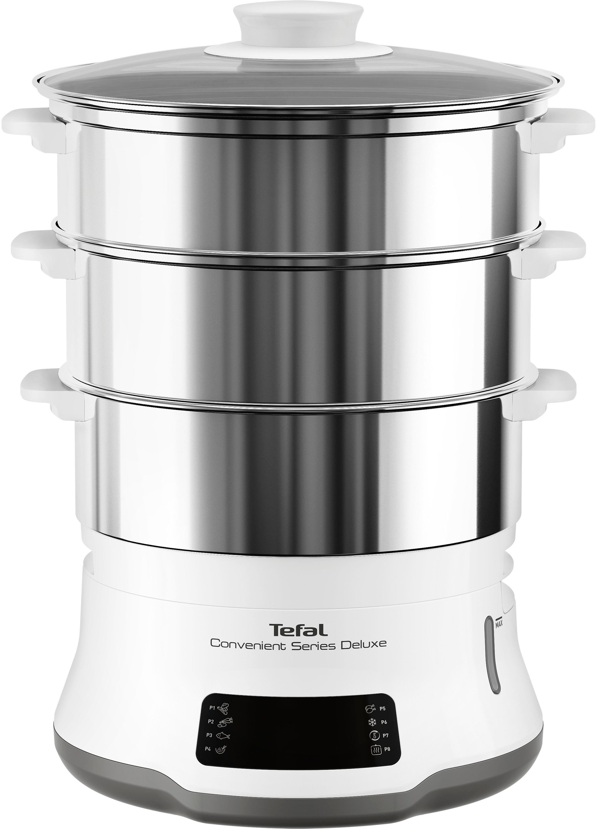 Tefal Dampfgarer VC502D Convenient Series Deluxe, 900 W, Touchscreen, 8 Programme, Garen auf 3 Ebenen, Behälter aus Edelstahl